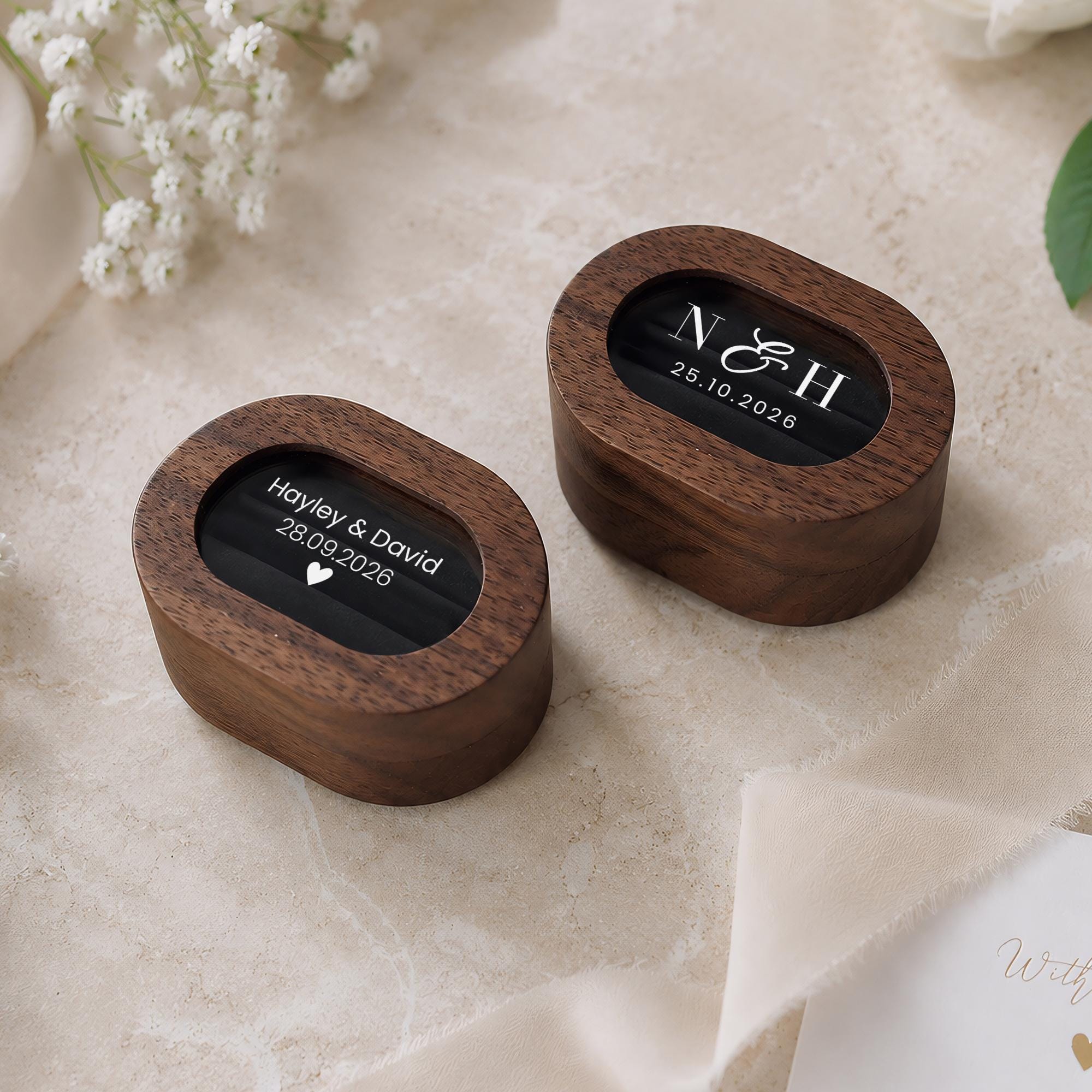 Personalised Walnut Wedding Ring Box, Oval Ring Bearer Box, Engagement Box, Proposal Ring Holder Keepsake