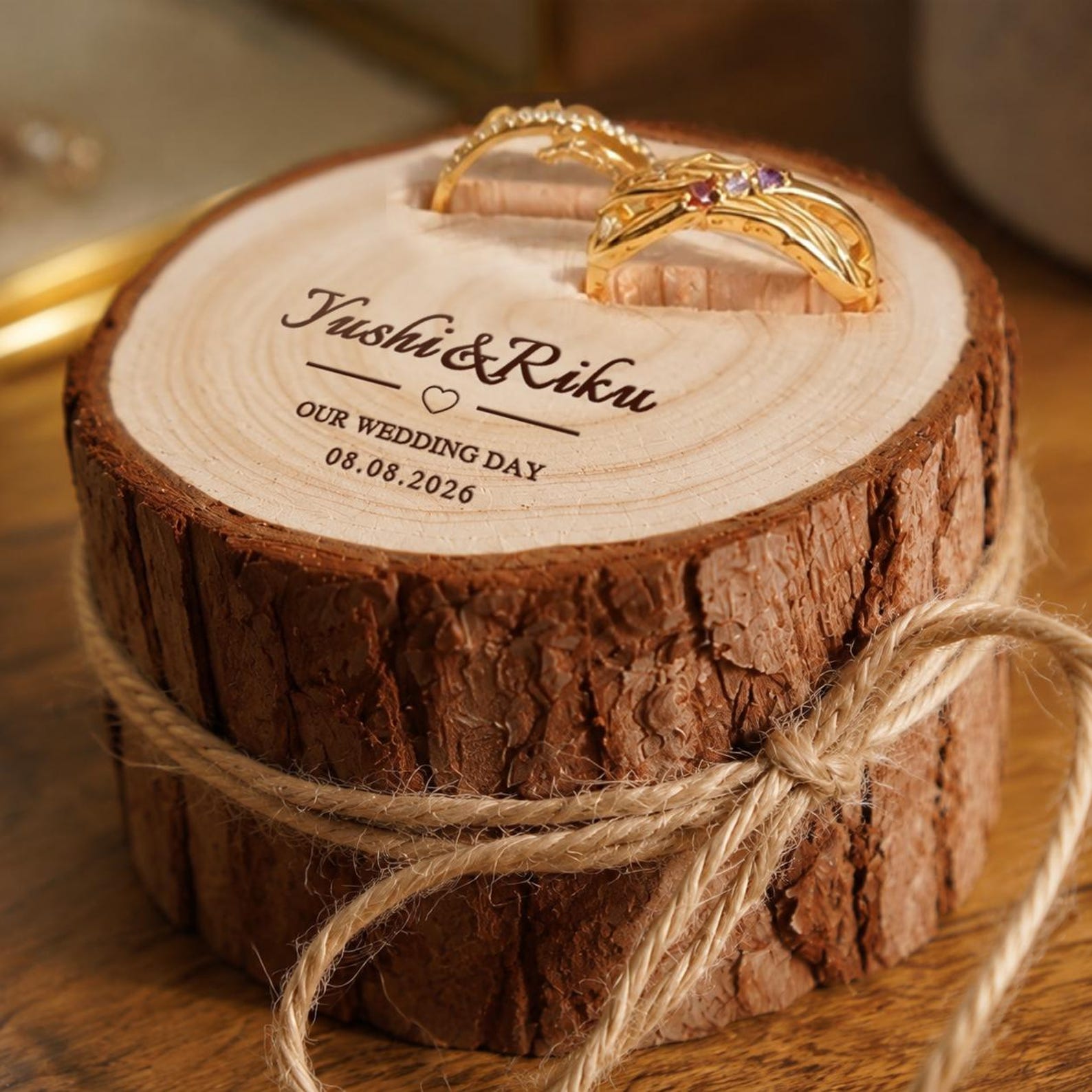 Personalised Tree Stump Ring Box, Rustic Wedding Engagement Holder, Personalized Wooden Proposal Box,Golden Silver Wedding Anniversary Tree Trunk