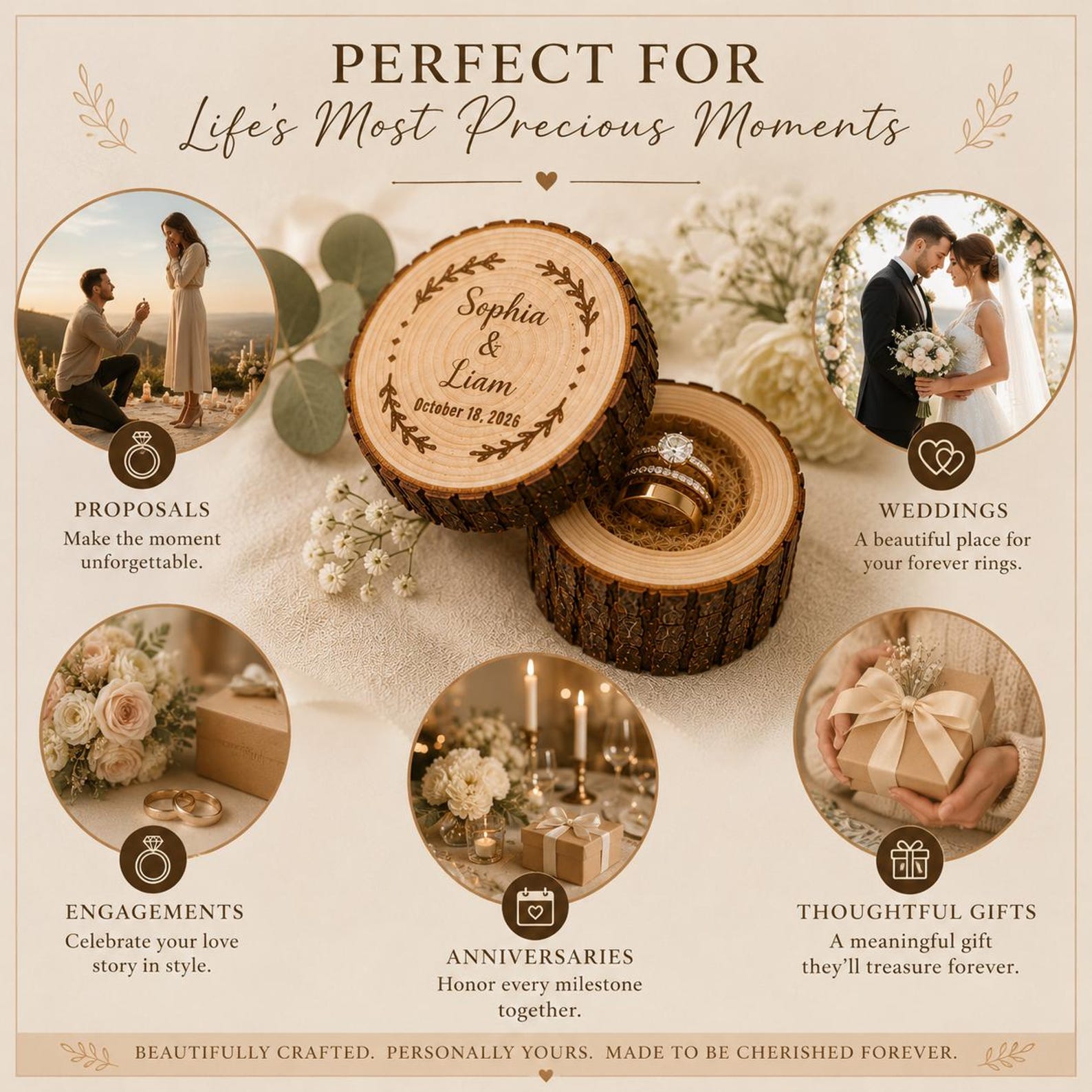 [Copy]Personalised Tree Stump Ring Box, Rustic Wedding Engagement Holder, Personalized Wooden Proposal Box,Golden Silver Wedding Anniversary Tree Trunk