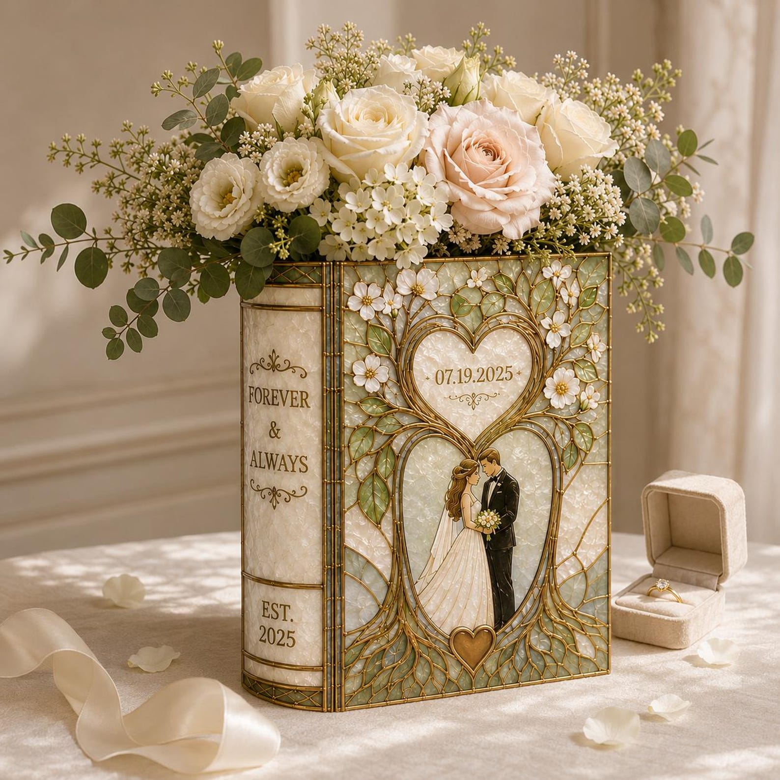Personalized Floral Book Shaped Vase Personalized Couple Initials Vase Wedding Centerpiece Gift, Anniversary Keepsake Decor