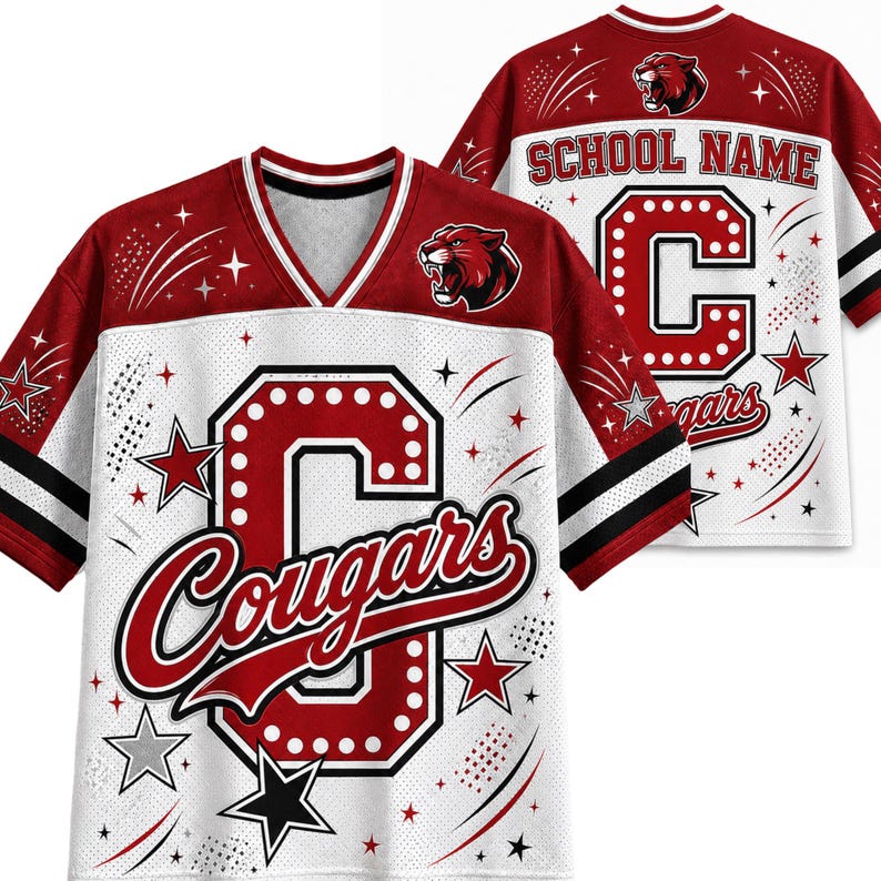 Personalized School Spirit Football Jersey, Custom Sparkle Glitter Letter Mascot V-Neck Shirt, Cute Game Day Friday Night Lights Apparel