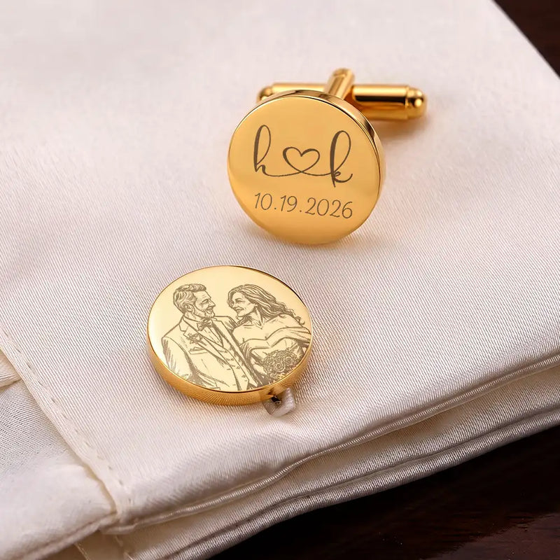 Personalized Photo Bold Sketch Romantic Couple Portrait - Personalized Circular Cufflinks