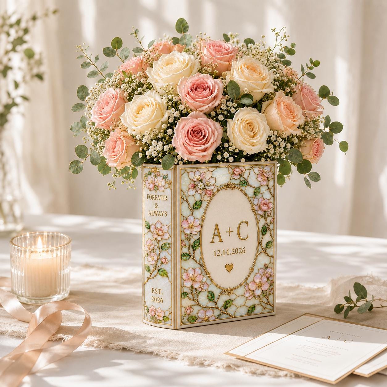 Personalized Floral Book Shaped Vase Personalized Couple Initials Vase Wedding Centerpiece Gift, Anniversary Keepsake Decor