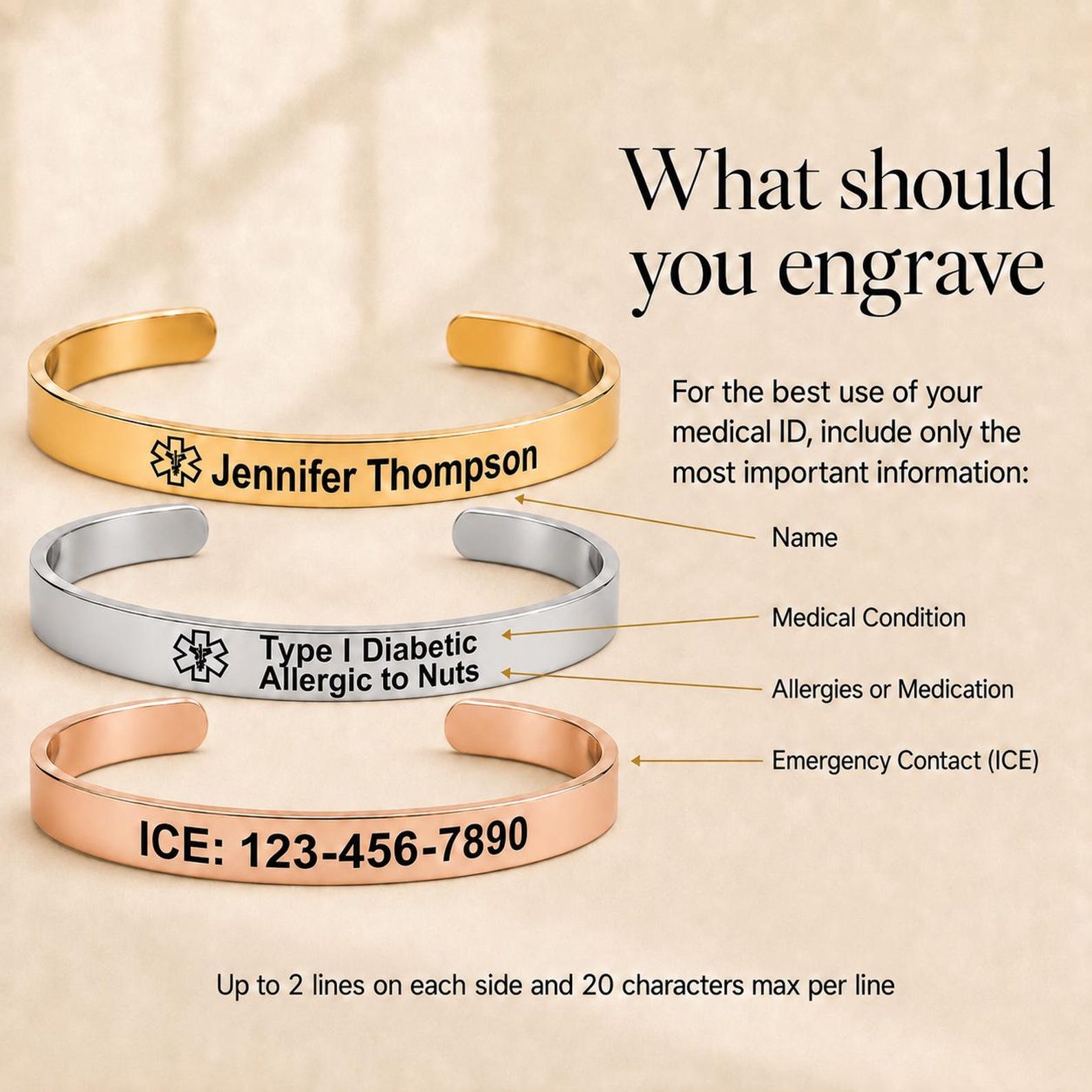 Personalized Type 1 Diabetes Medical Alert women Bracelet, Personalized Emergency Medic Conditions ID Jewelry