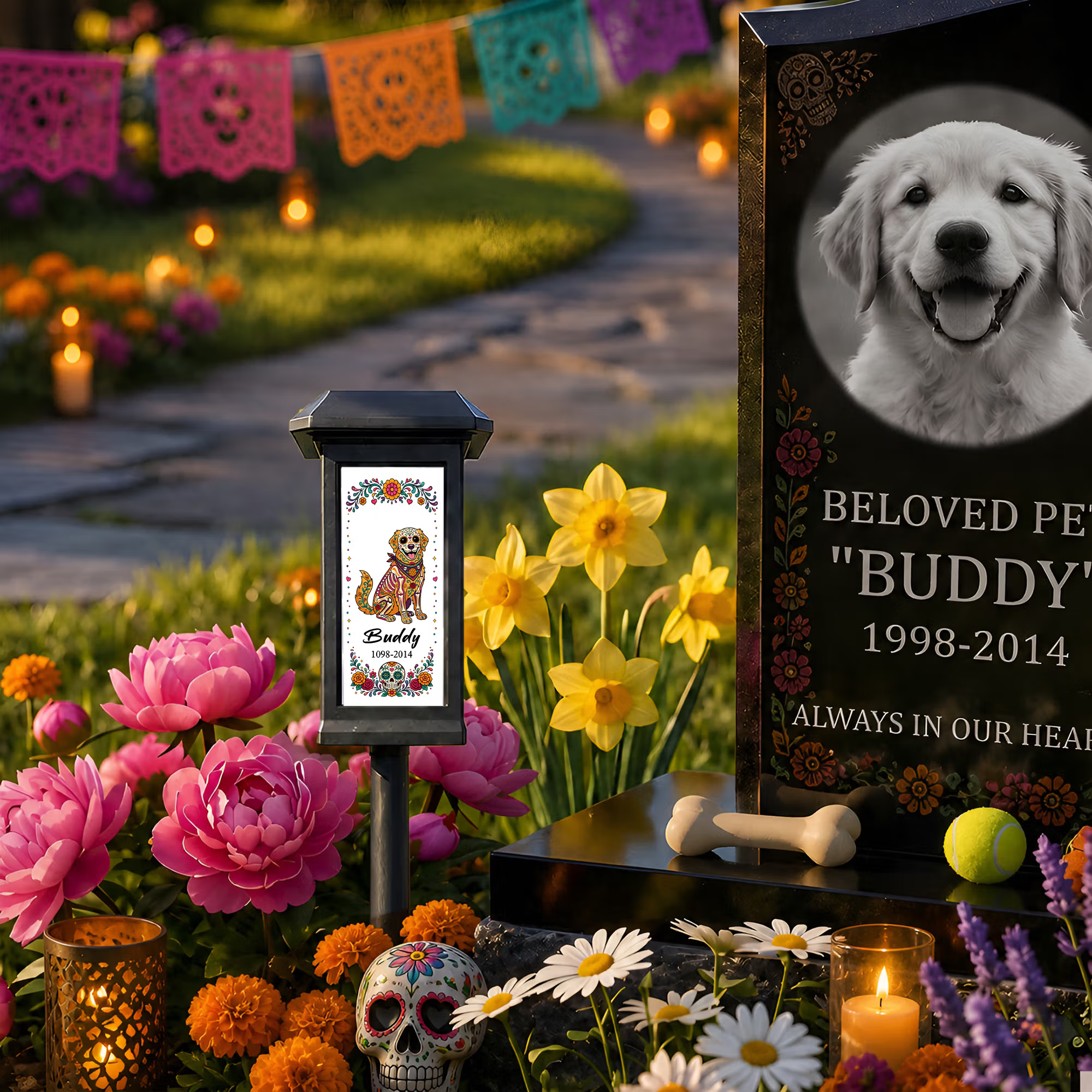 Personalized Day of the Dead Flower Sugar Skull Pet Photo Solar Garden Light with Name Garden Use Memorial Day of the Dead Gift for Pet Owners Lovers
