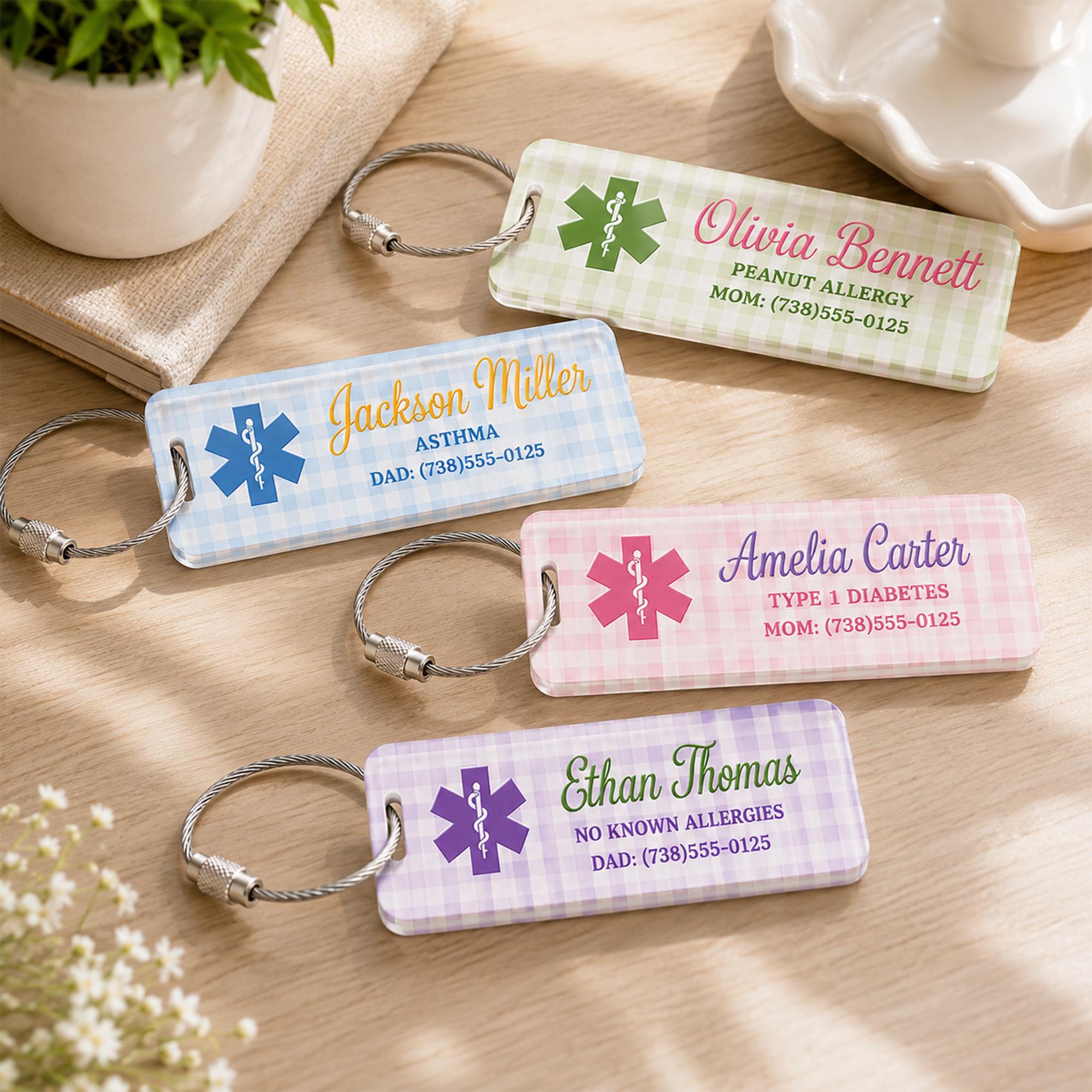 Personalized Emergency Medical Alert Card, Allergy Alert Acrylic Card, Medical ID Luggage Tag, Emergency Contact Bag Tag, Allergy ID Tag