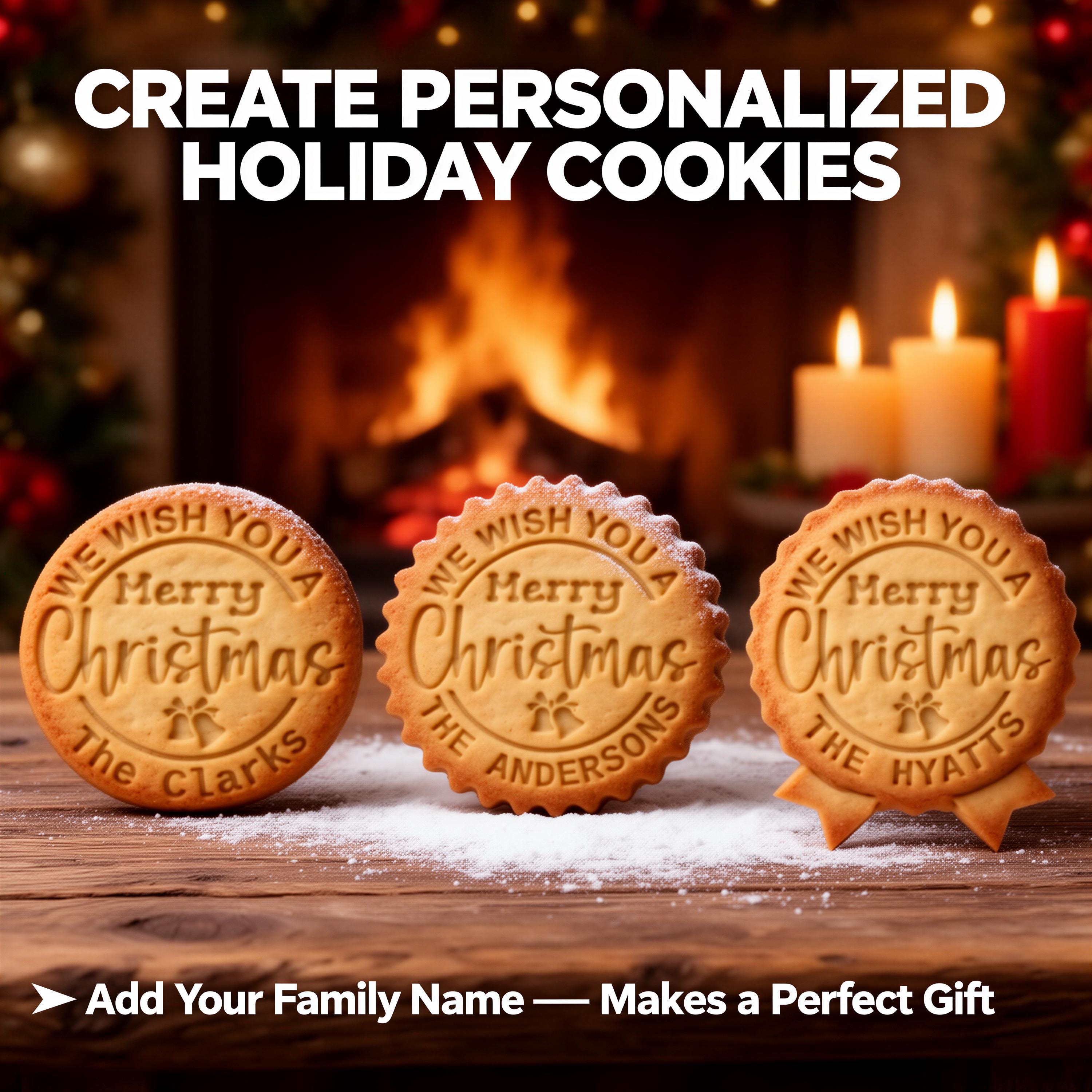 Personalized Christmas Cookie Stamp & Cutter, Custom Family Name, Four Shapes, Recipe included