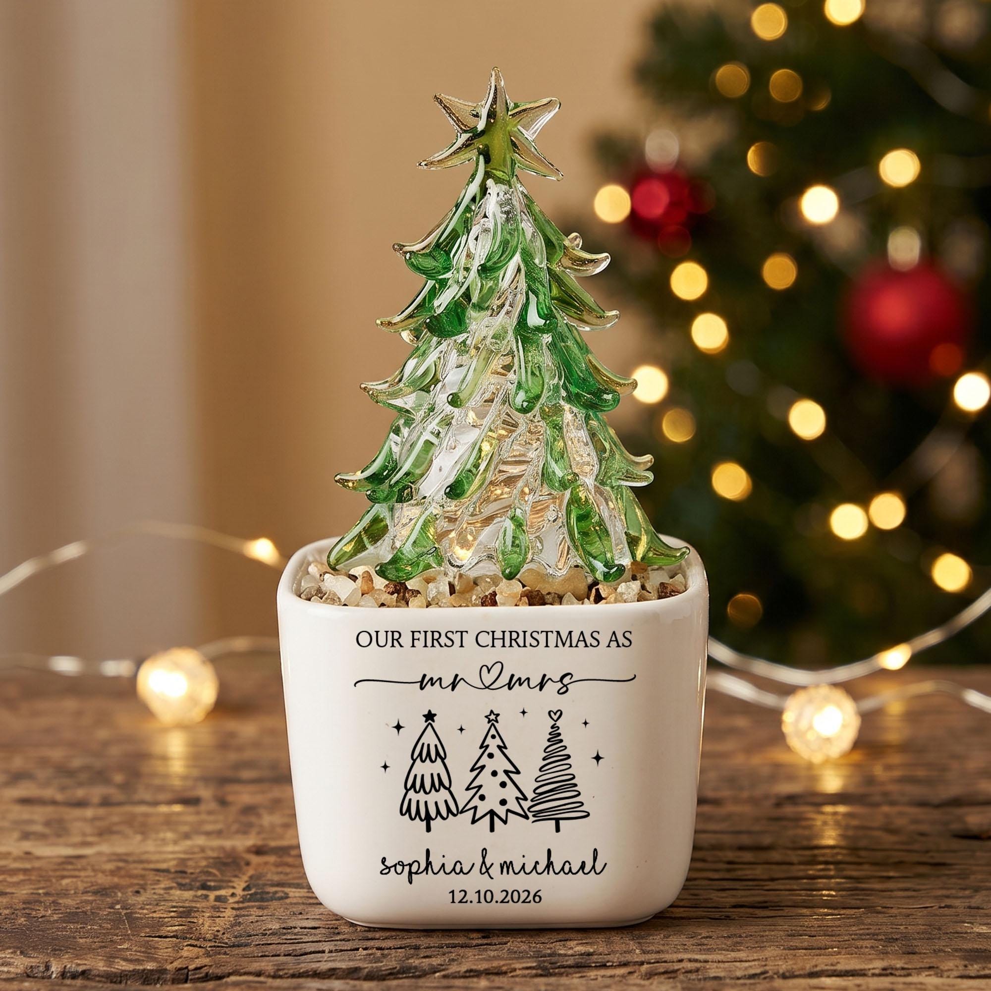 Personalized Mr Mrs Glass Christmas Tree Pot, Wedding Gift, Personalized First Christmas Keepsake, Our 1st Christmas Mr & Mrs Planter,Housewarming Gift