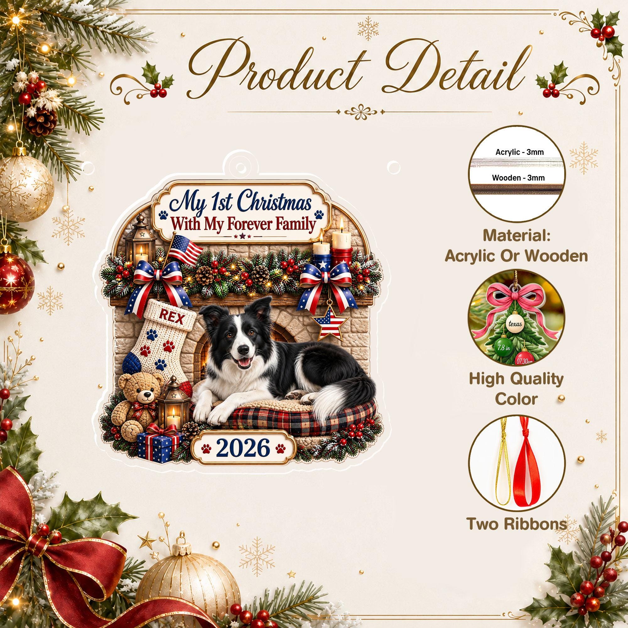 Personalized Pet Photo Ornament, Dog's My First Christmas With My Forever Family, Custom Dog Adoption Gift, Rescue Pet Keepsake, 2D Flat