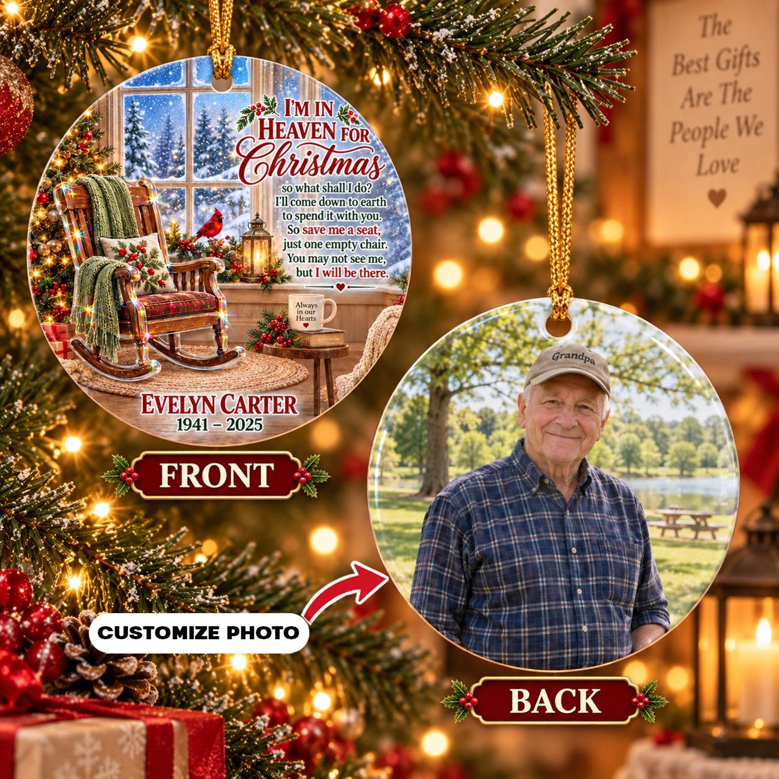 Personalized Photo Memorial Hologram Ornament, I'm In Heaven For Christmas Empty Chair, Sympathy Loss Glitter Gift 2026,Loss Of Loved One Gifts