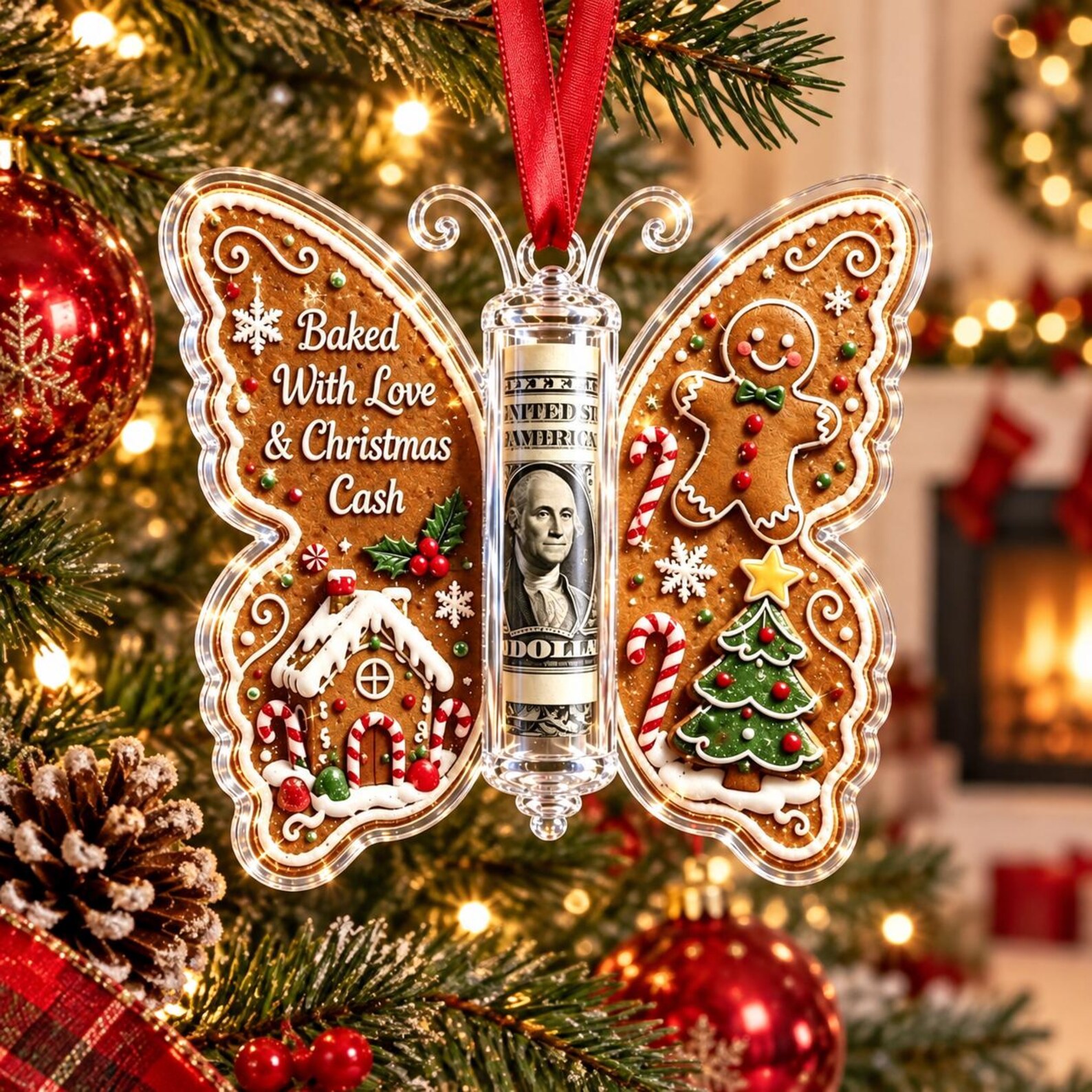 Personalized Butterfly Christmas Cash Holder Ornament, Acrylic Money Gift Holder, Xmas Tree Hanging Decoration, Unique Holiday Gift
