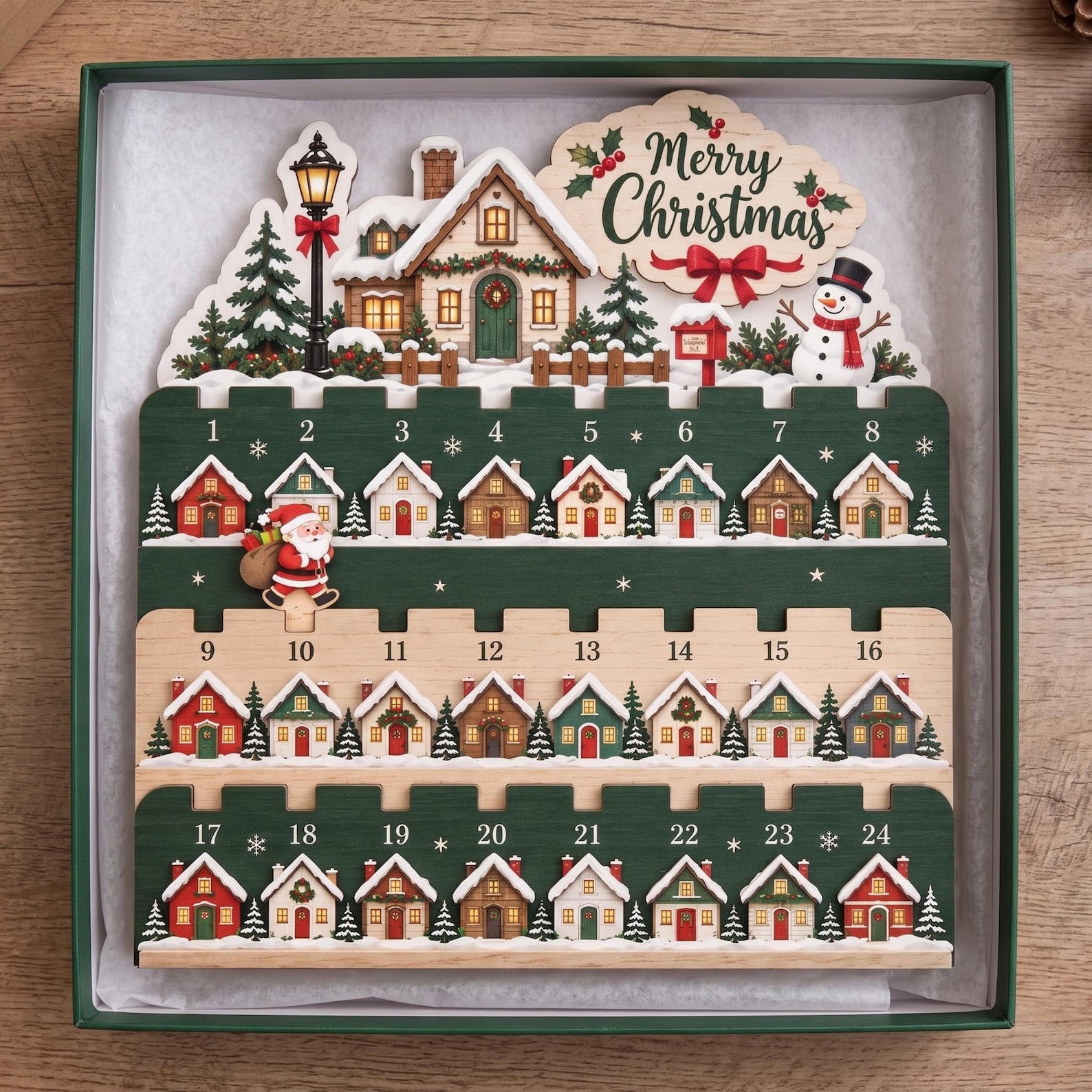 Christmas Countdown Calendar Wooden Stand, 24-Day Advent, Santa Village Decor
