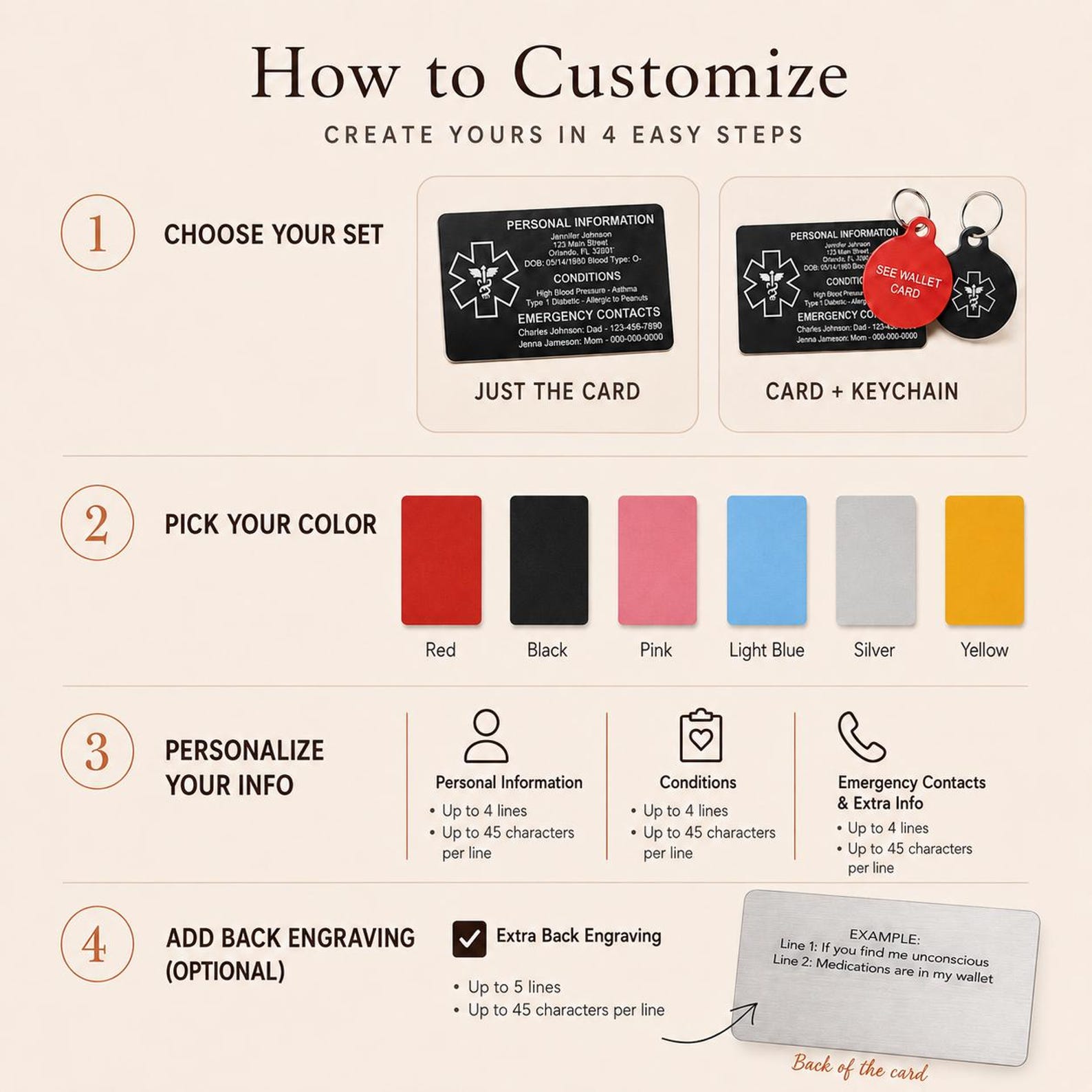 Personalized Medical Card & Keychain ID for Wallet, Aluminum Custom Engraved Emergency Contact, Personalized Metal Safety Alert for Medic Conditions