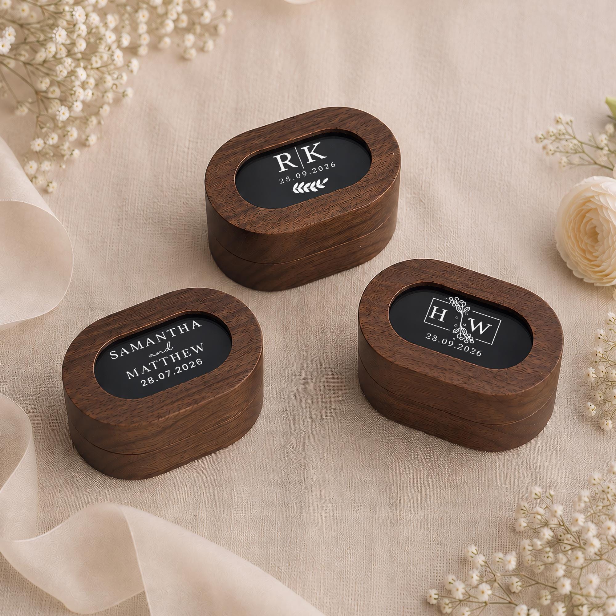 Personalised Walnut Wedding Ring Box, Oval Ring Bearer Box, Engagement Box, Proposal Ring Holder Keepsake