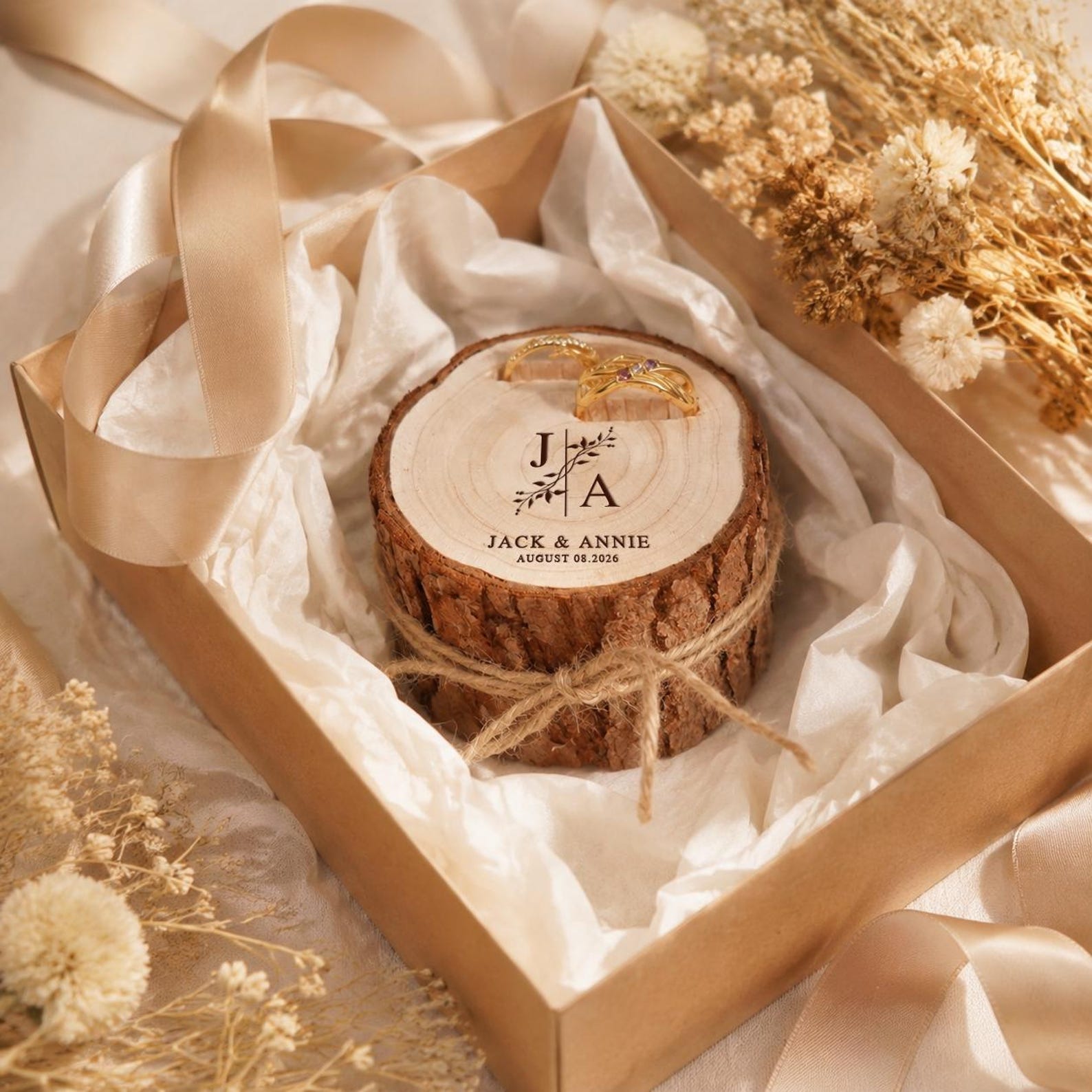 Personalised Tree Stump Ring Box, Rustic Wedding Engagement Holder, Personalized Wooden Proposal Box,Golden Silver Wedding Anniversary Tree Trunk