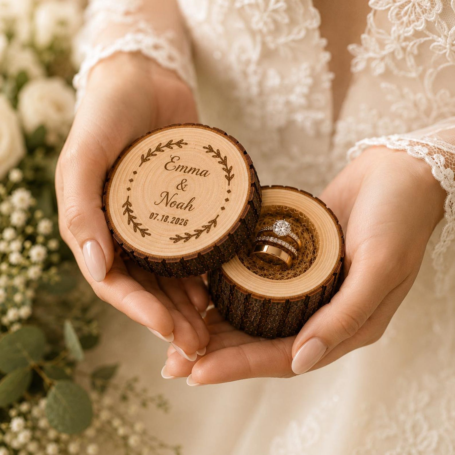 [Copy]Personalised Tree Stump Ring Box, Rustic Wedding Engagement Holder, Personalized Wooden Proposal Box,Golden Silver Wedding Anniversary Tree Trunk