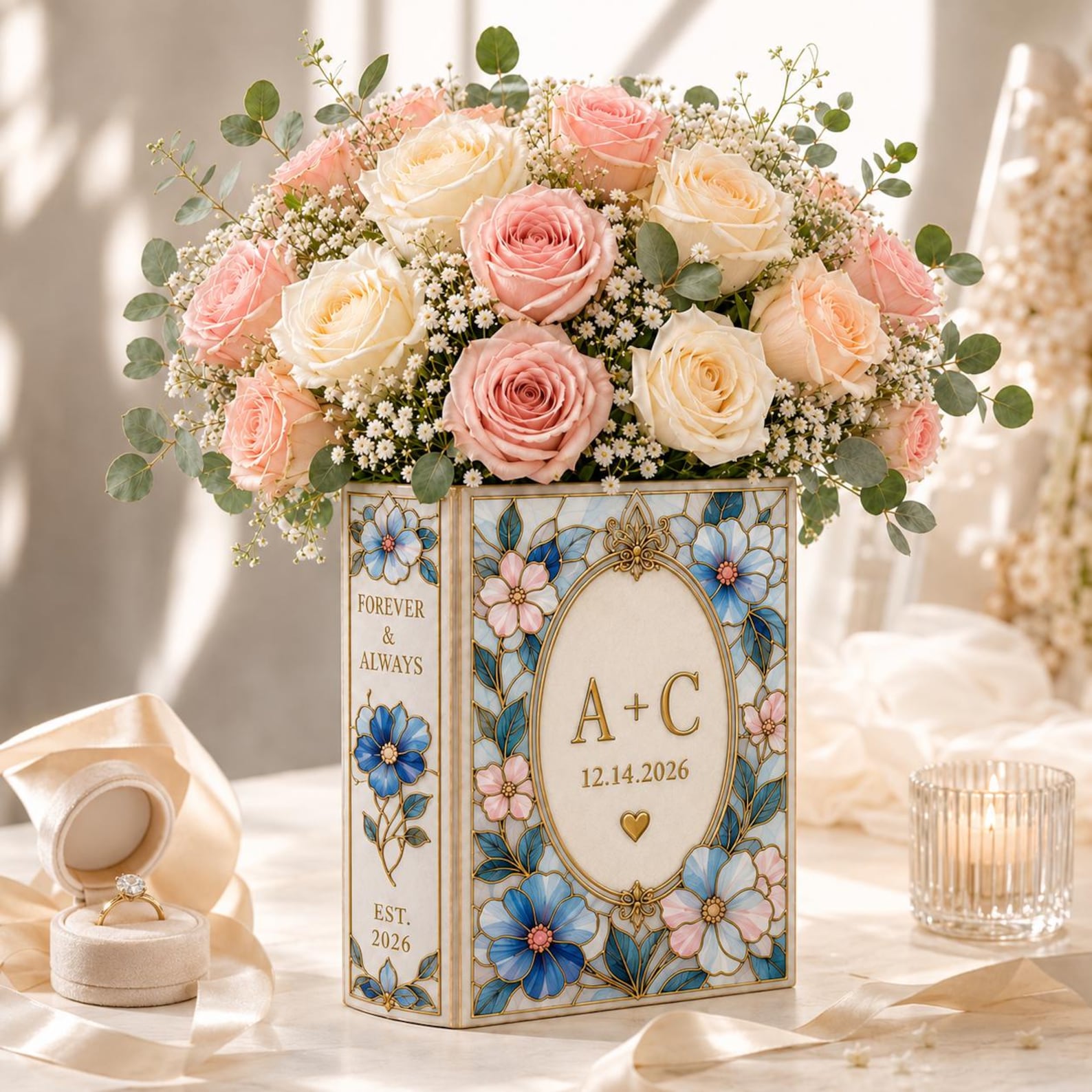 Personalized Floral Book Shaped Vase Personalized Couple Initials Vase Wedding Centerpiece Gift, Anniversary Keepsake Decor