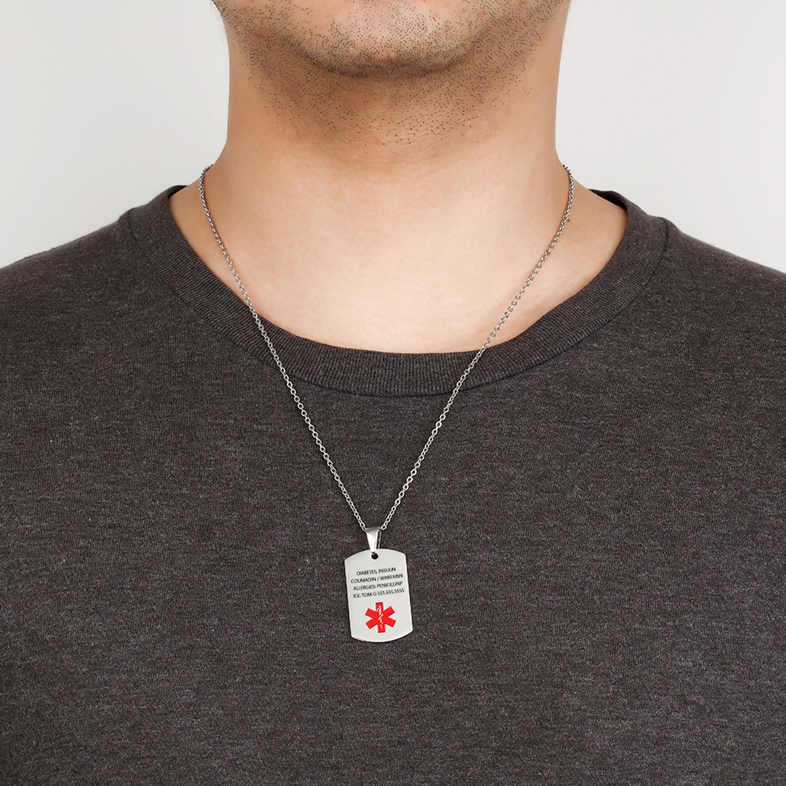 Personalized Medical Alert Necklace for Men Women, Stainless Steel Engraved Medical ID Tag Emergency Med Alert Necklace, Personalized Gift for Him