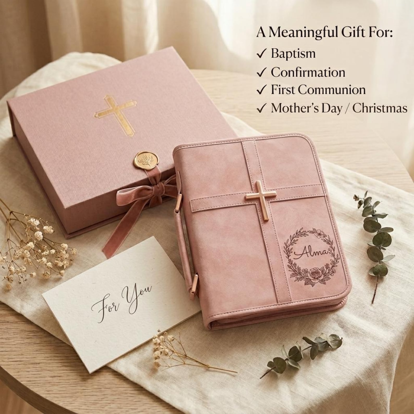 Personalized Leather Bible Cover Engraved Name Rose Gold Cross Zipper Case With Handle