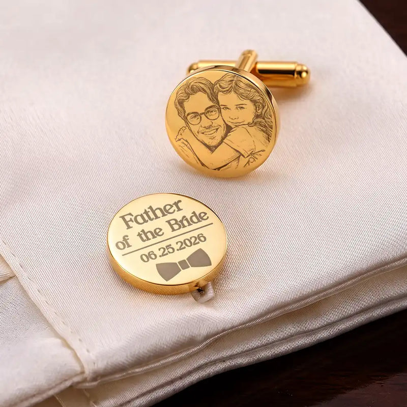 Personalized Photo Pencil Sketch Father Of Bride Groom Team Groom Wedding Favors - Personalized Circular Cufflinks