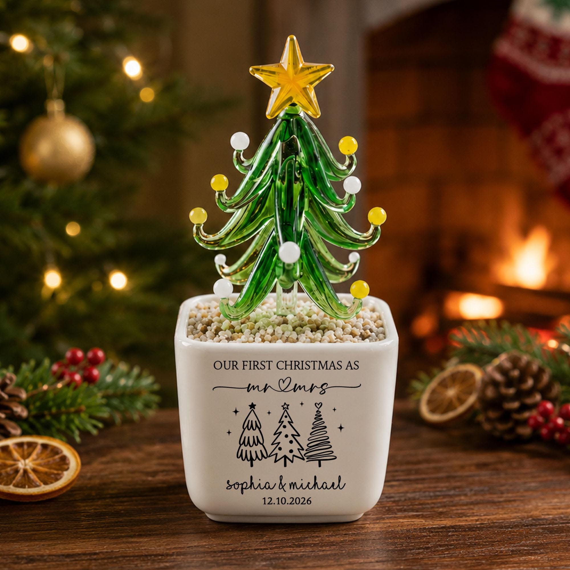 Personalized Mr Mrs Glass Christmas Tree Pot, Wedding Gift, Personalized First Christmas Keepsake, Our 1st Christmas Mr & Mrs Planter,Housewarming Gift