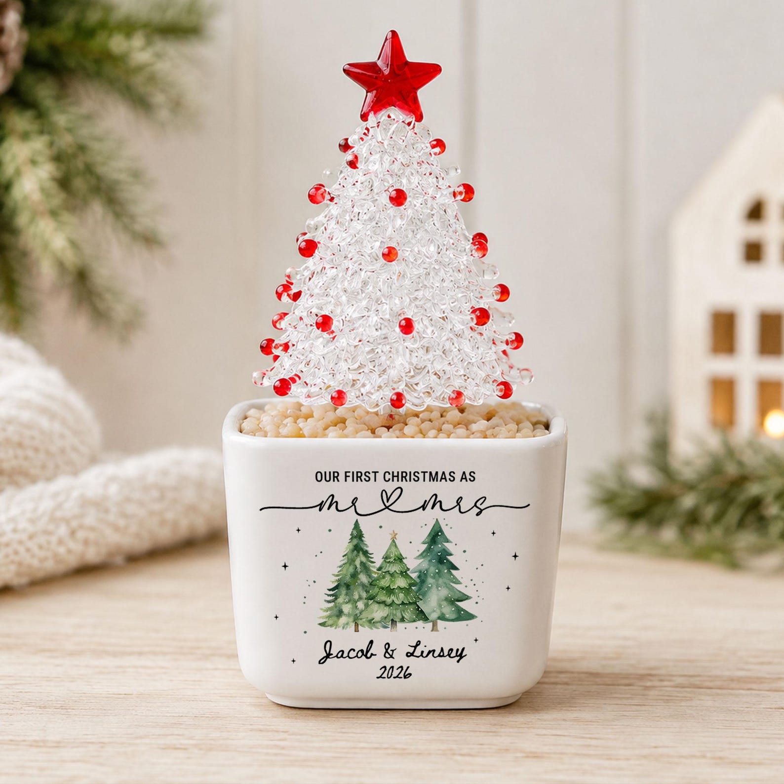 Personalized Our First Christmas as Mr & Mrs Glass Christmas Tree Pot, Custom Newlywed Christmas Keepsake, Christmas Gift 2026
