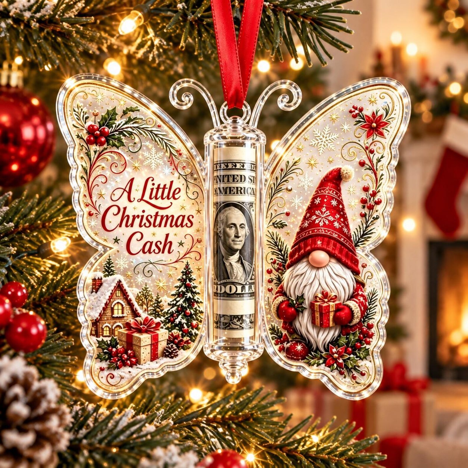 Personalized Butterfly Christmas Cash Holder Ornament, Acrylic Money Gift Holder, Xmas Tree Hanging Decoration, Unique Holiday Gift
