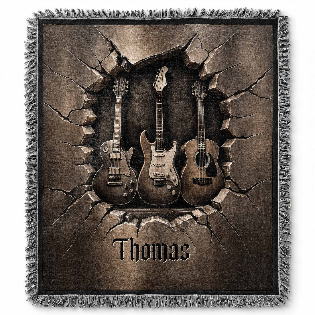 Personalized 3D Guitar Cracked Wall Personalized Woven Blanket, Gift for Musicians