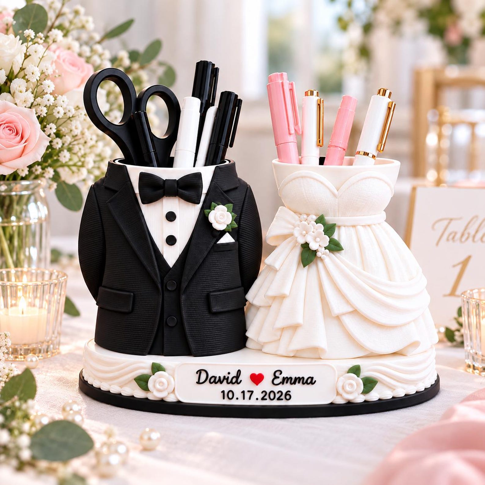 Personalized Wedding Dress Tuxedo Pen Holder 3D Printed, Custom Newlywed Couple Marriage Decor Engagement, Our First Christmas Together Gift