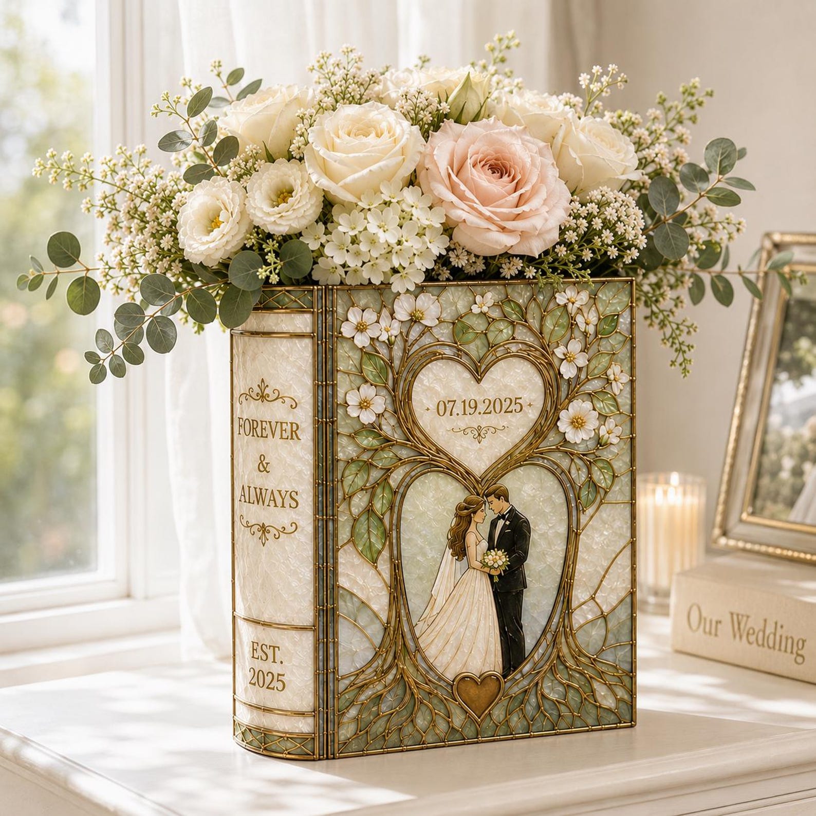 Personalized Floral Book Shaped Vase Personalized Couple Initials Vase Wedding Centerpiece Gift, Anniversary Keepsake Decor