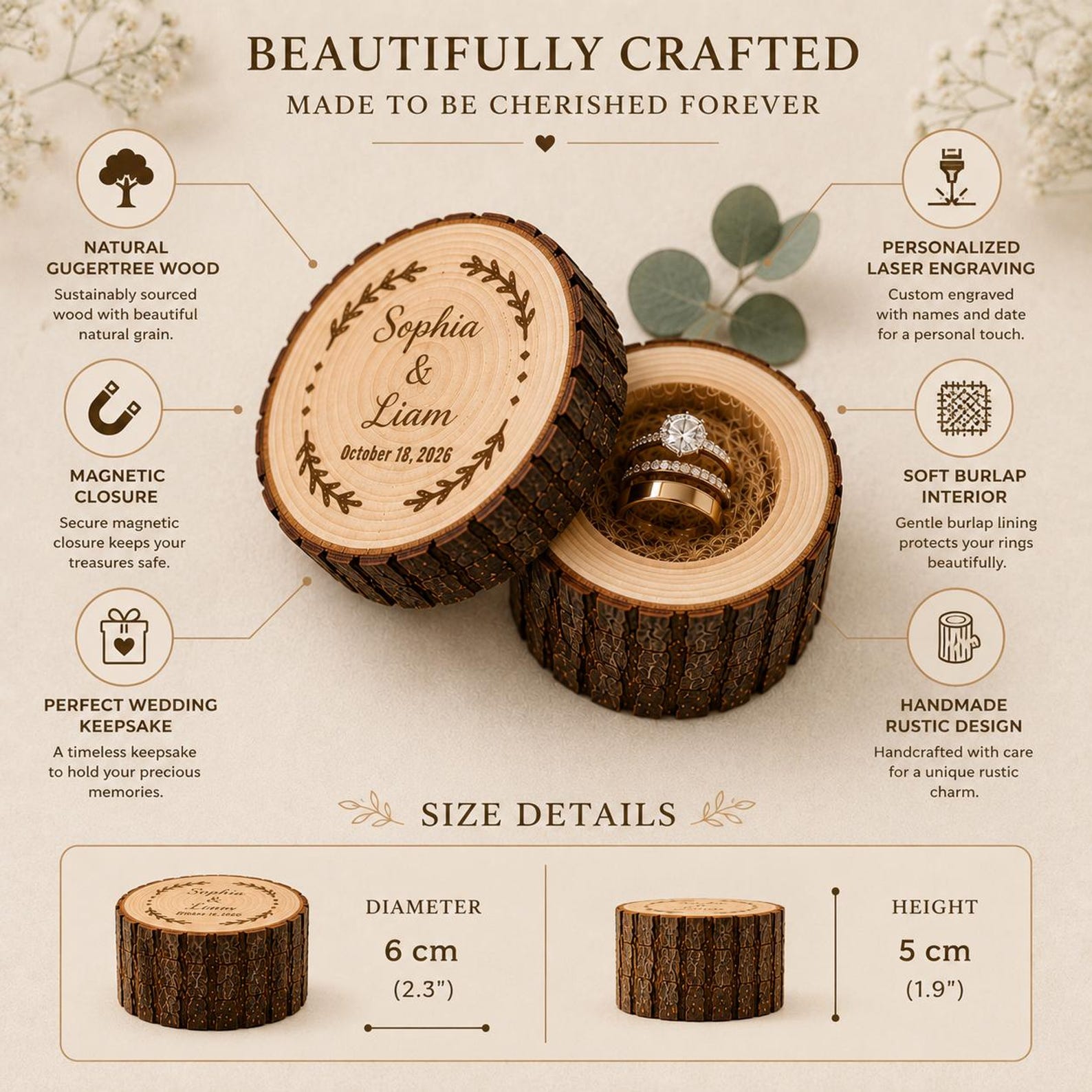 [Copy]Personalised Tree Stump Ring Box, Rustic Wedding Engagement Holder, Personalized Wooden Proposal Box,Golden Silver Wedding Anniversary Tree Trunk