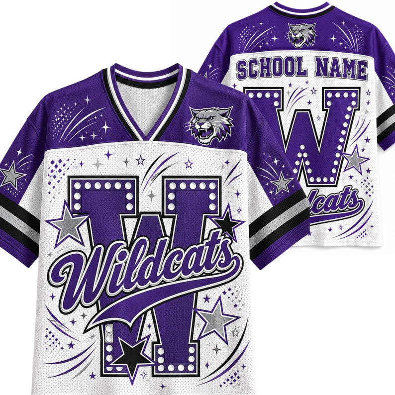 Personalized School Spirit Football Jersey, Custom Sparkle Glitter Letter Mascot V-Neck Shirt, Cute Game Day Friday Night Lights Apparel