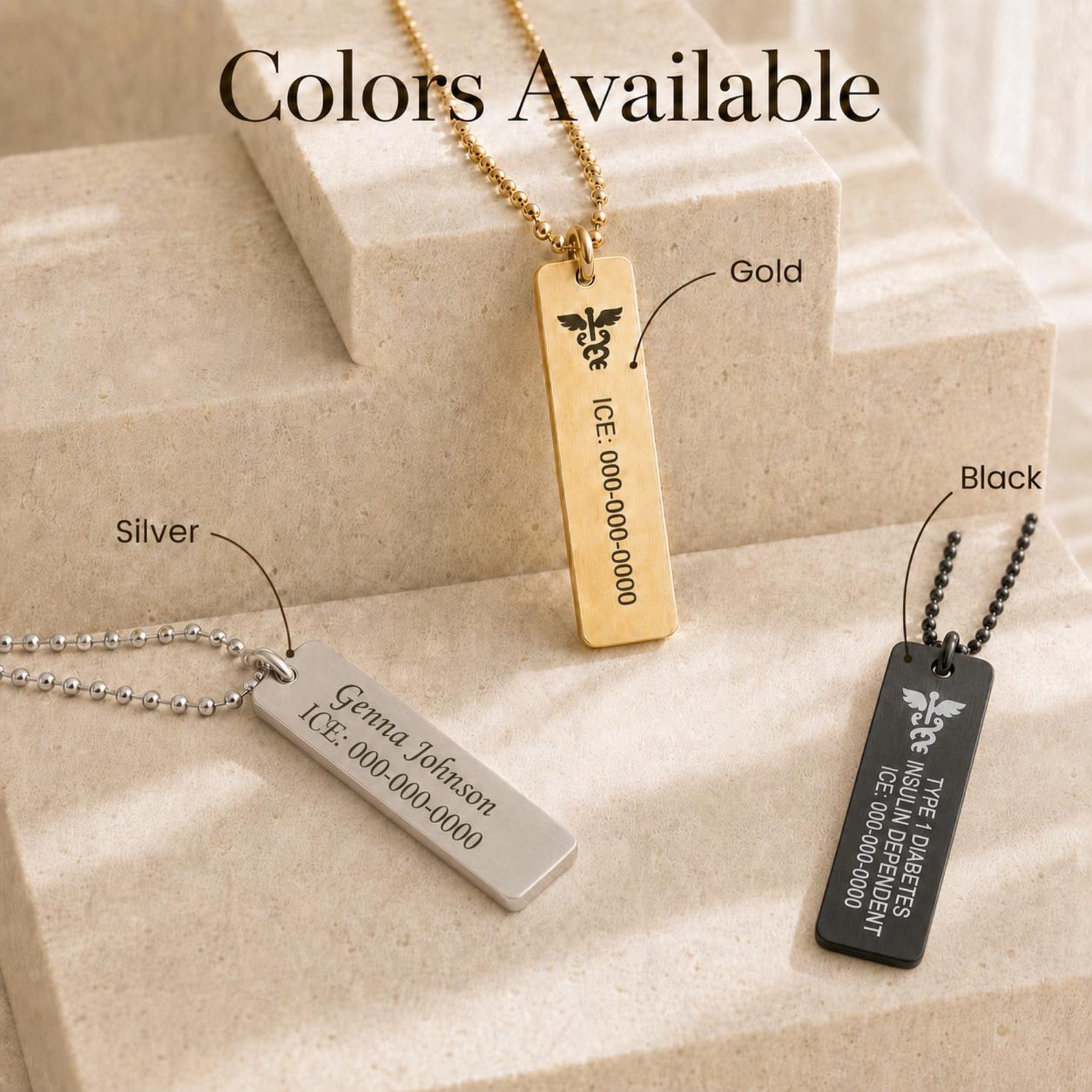 Personalized Type 1 Diabetes Medical ID Bar Necklace, Stainless Steel Engraved Alert Jewelry