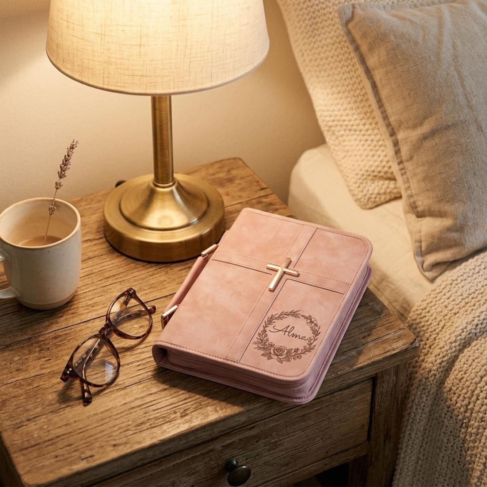 Personalized Leather Bible Cover Engraved Name Rose Gold Cross Zipper Case With Handle