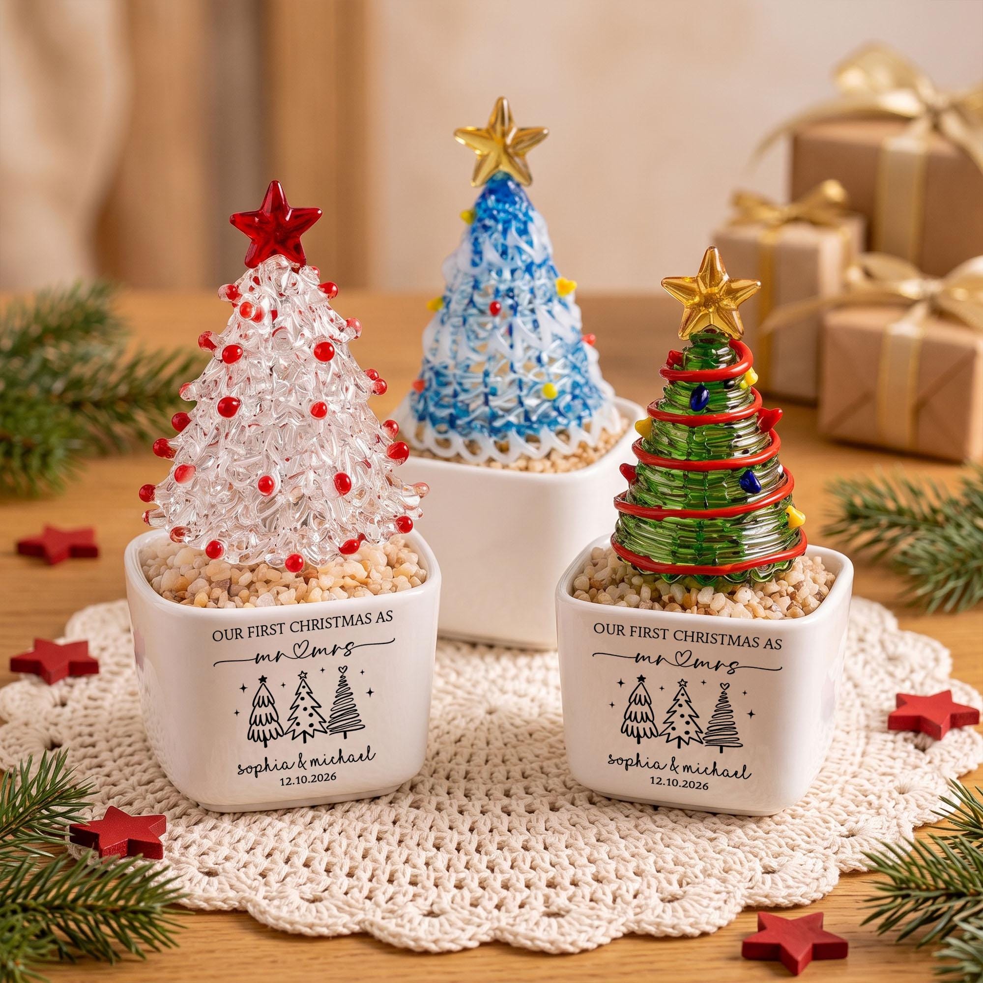 Personalized Mr Mrs Glass Christmas Tree Pot, Wedding Gift, Personalized First Christmas Keepsake, Our 1st Christmas Mr & Mrs Planter,Housewarming Gift
