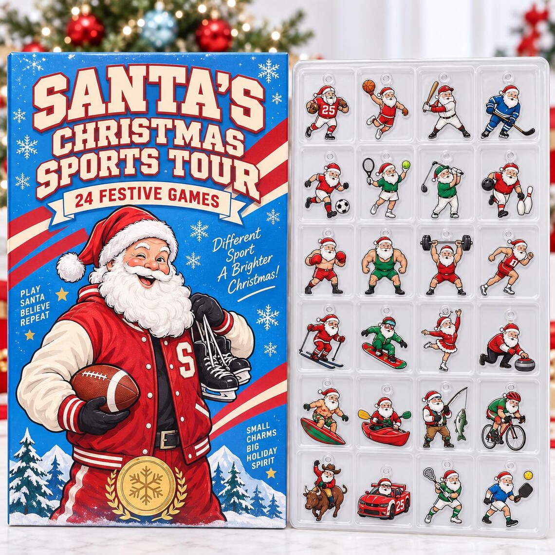 Santa Christmas Sports Tour Advent Calendar, 24 Days Countdown Sports Ornaments Box, Athlete Santa Xmas Gift Kids Adults