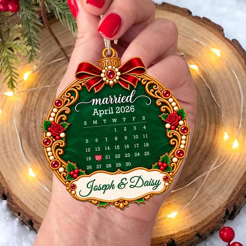Personalized Married Calendar Ornament, First Christmas Married Gift, Custom Wedding Date Keepsake, Acrylic Ornament