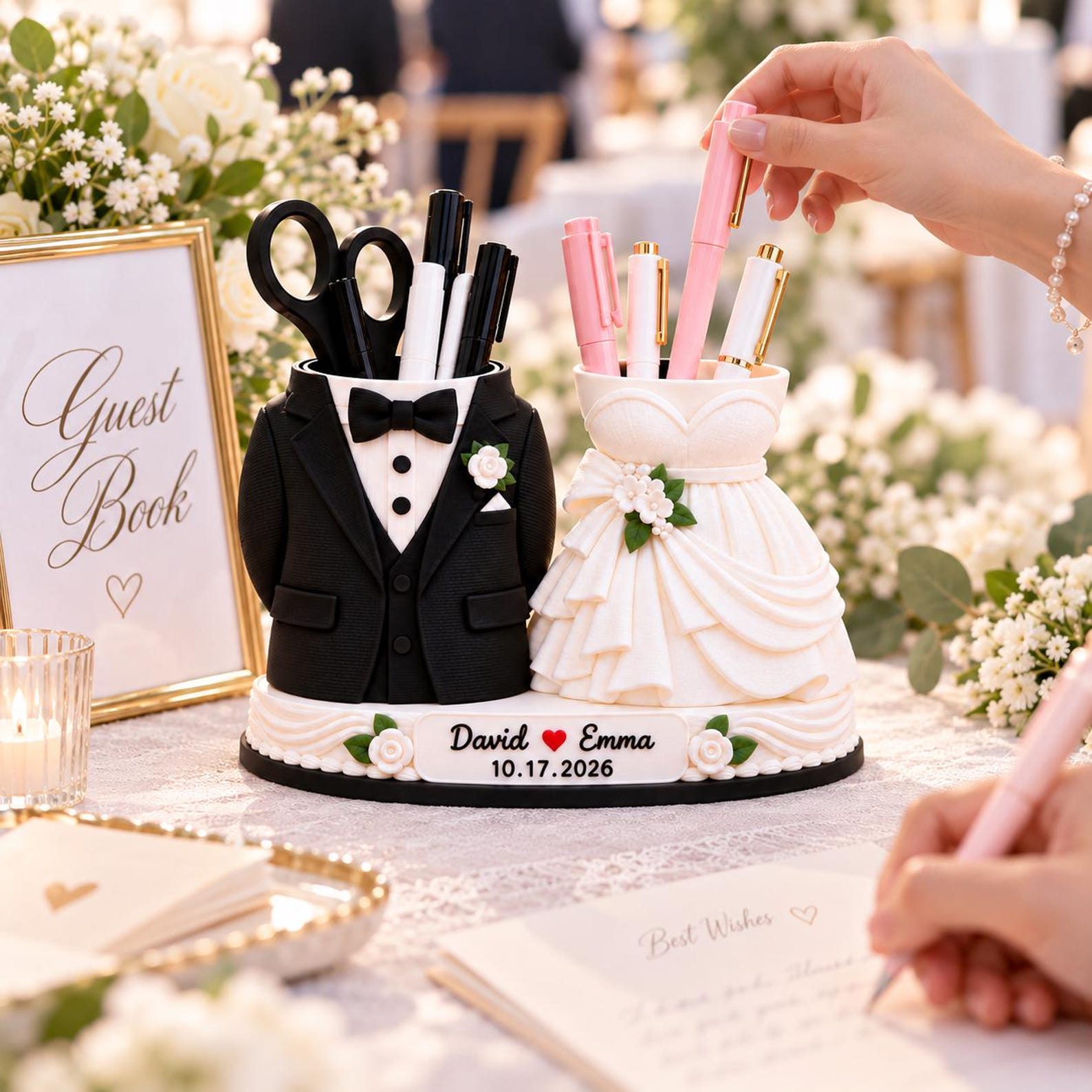 Personalized Wedding Dress Tuxedo Pen Holder 3D Printed, Custom Newlywed Couple Marriage Decor Engagement, Our First Christmas Together Gift