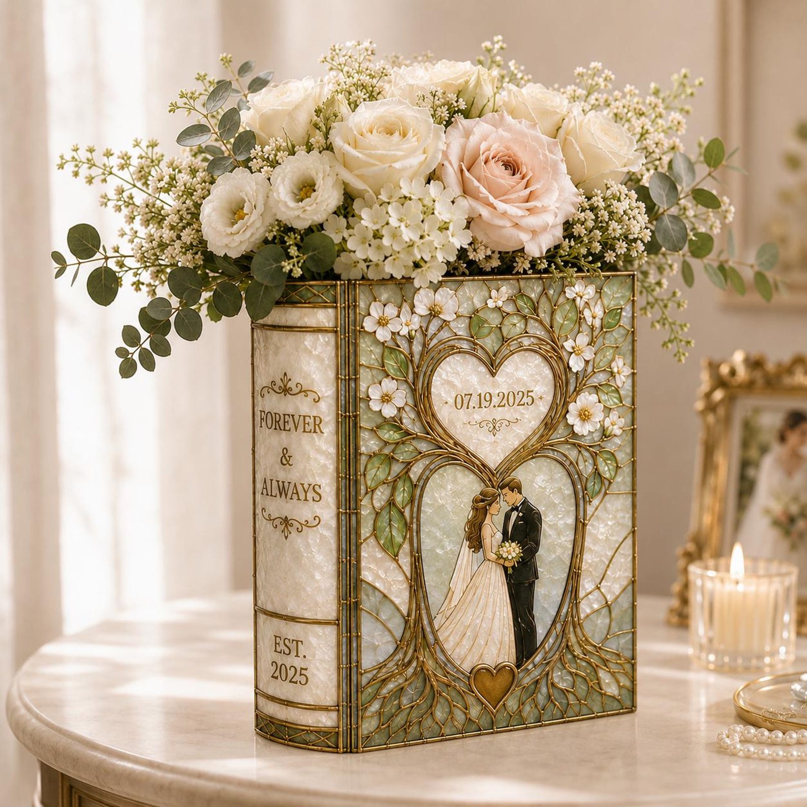Personalized Floral Book Shaped Vase Personalized Couple Initials Vase Wedding Centerpiece Gift, Anniversary Keepsake Decor