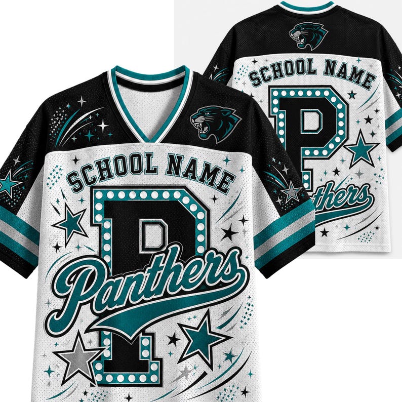 Personalized School Spirit Football Jersey, Custom Sparkle Glitter Letter Mascot V-Neck Shirt, Cute Game Day Friday Night Lights Apparel