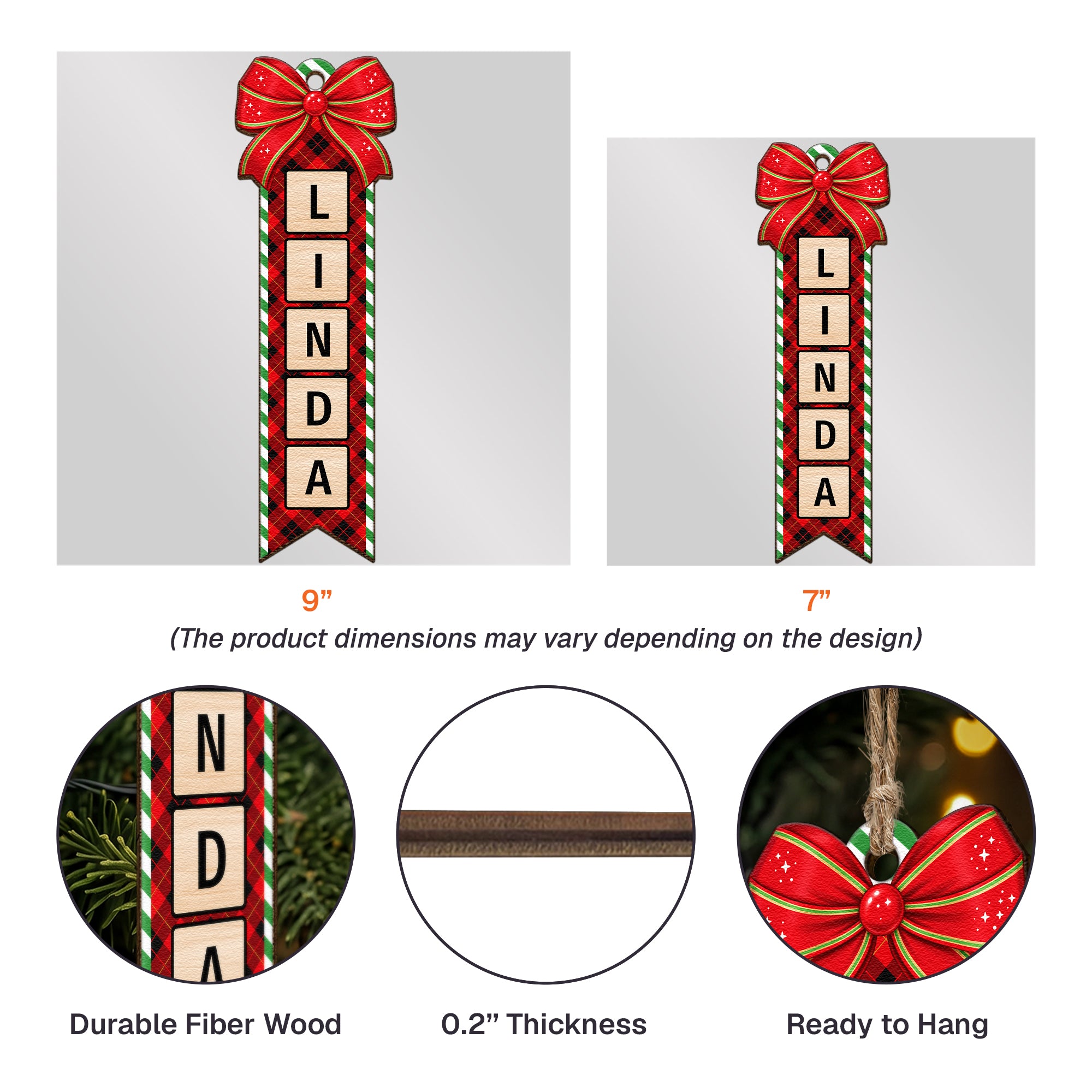 Personalized Wooden Christmas Name Scrabble With Bow Ornament