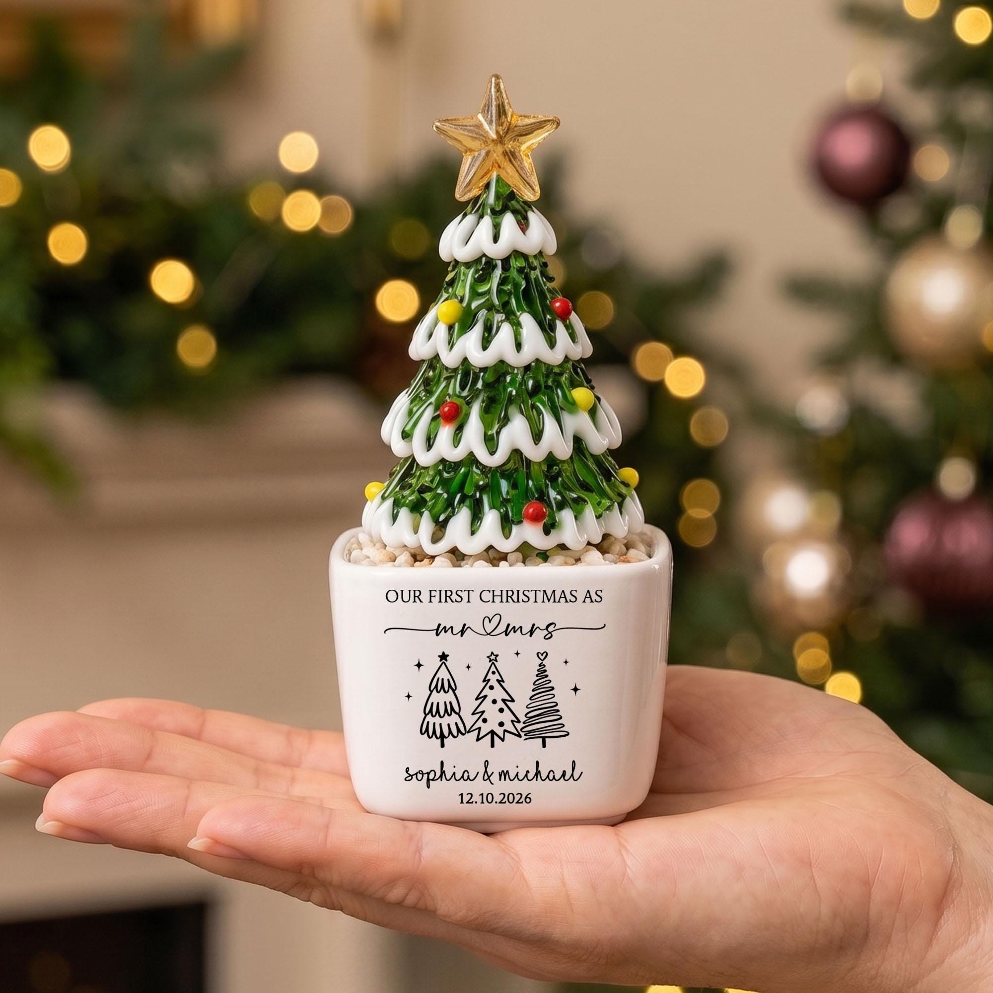 Personalized Mr Mrs Glass Christmas Tree Pot, Wedding Gift, Personalized First Christmas Keepsake, Our 1st Christmas Mr & Mrs Planter,Housewarming Gift