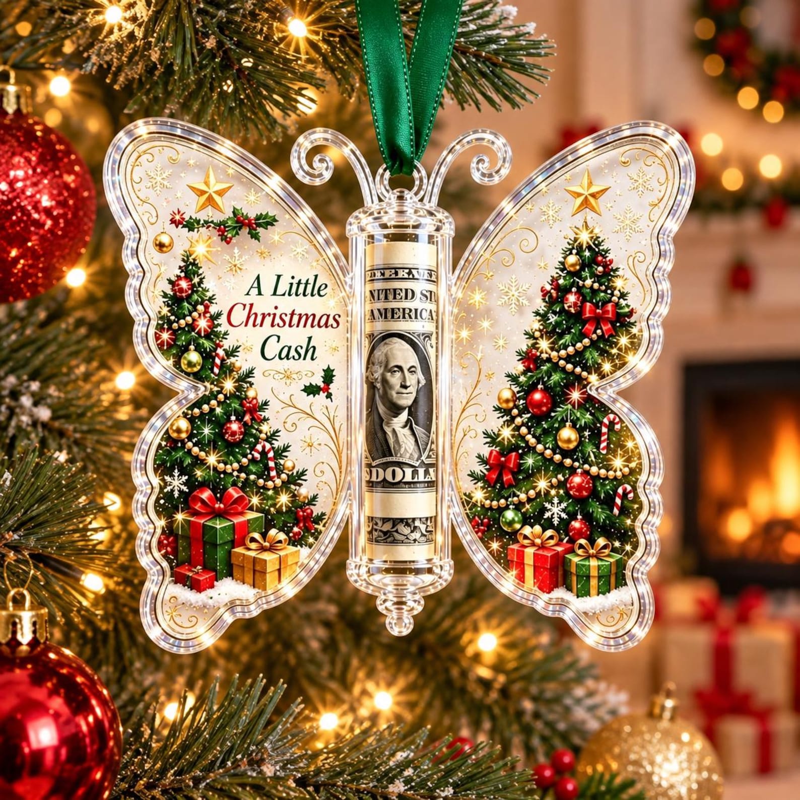 Personalized Butterfly Christmas Cash Holder Ornament, Acrylic Money Gift Holder, Xmas Tree Hanging Decoration, Unique Holiday Gift