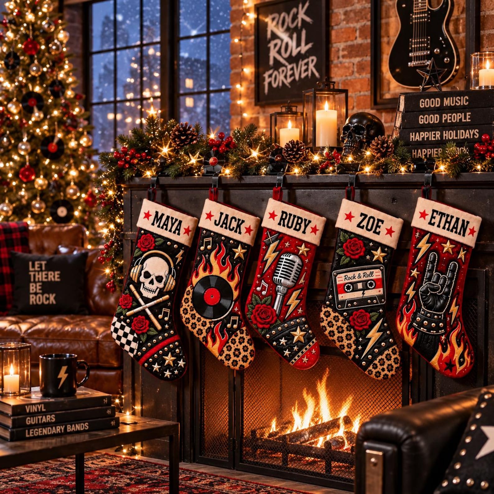Personalized Rock Roll Christmas Stocking: Custom Name Music Lover Holiday Decor