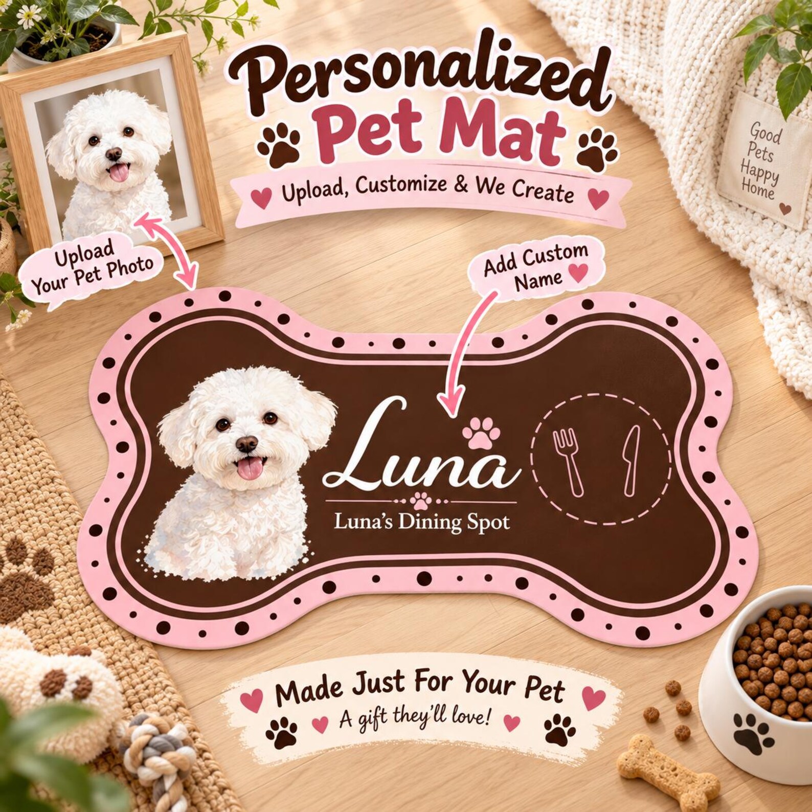 Personalized Pet Feeding Mat, Custom Pet Photo & Name Bone Shaped Dog Cat Bowl Mat, Cute Home Dining Decor, Gift for Pet Lovers