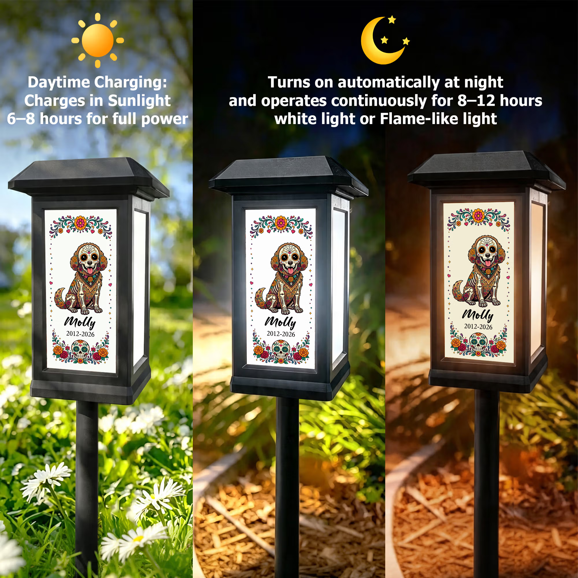 Personalized Day of the Dead Flower Sugar Skull Pet Photo Solar Garden Light with Name Garden Use Memorial Day of the Dead Gift for Pet Owners Lovers