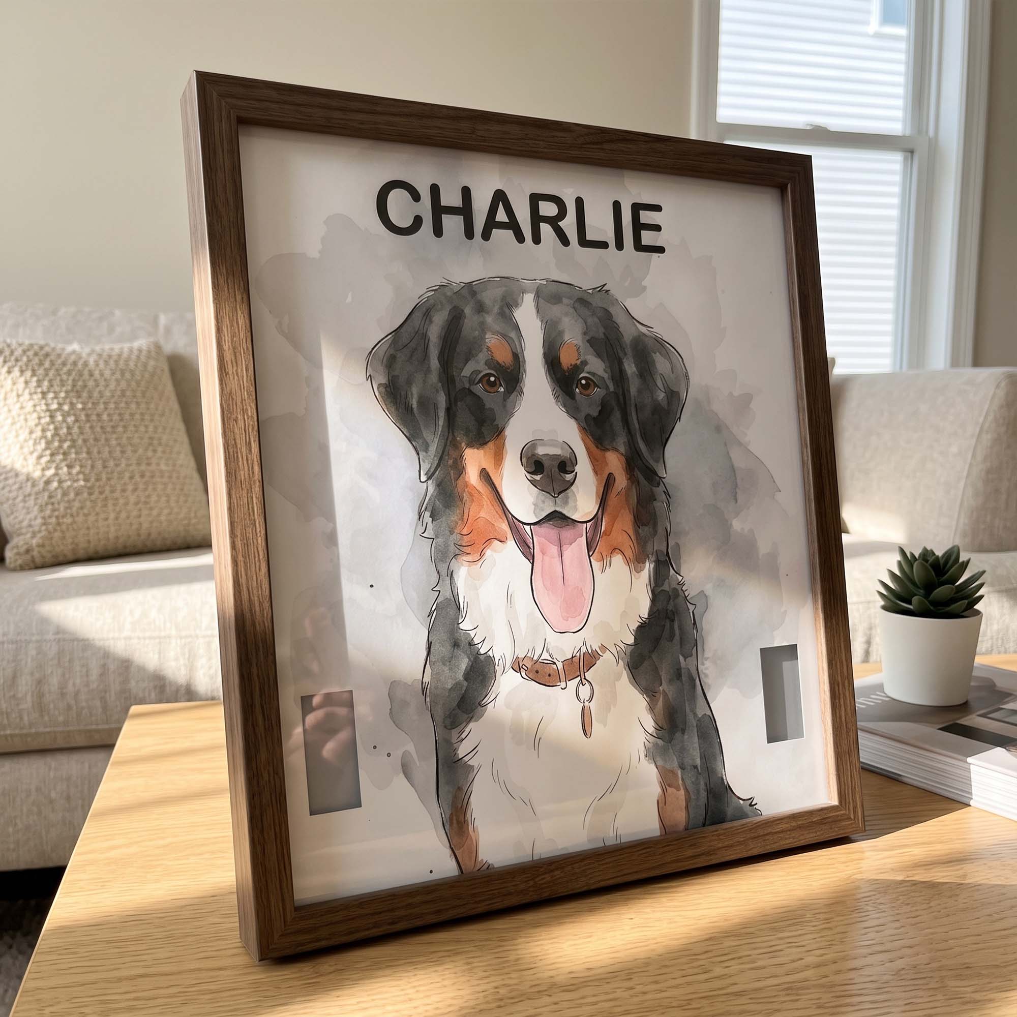 Personalized Pet Collar Frame Keepsake Custom Pet Portrait Watecolor Art - Personalized Frame