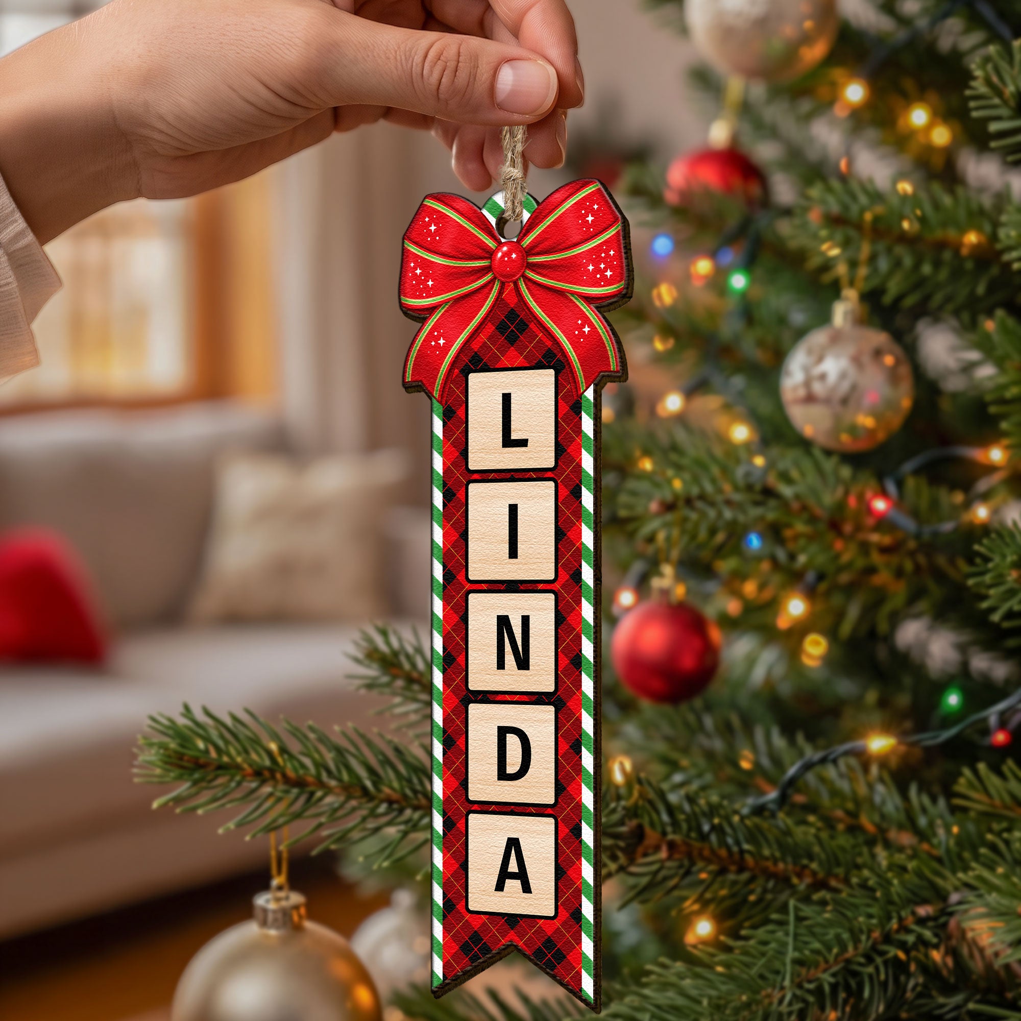 Personalized Wooden Christmas Name Scrabble With Bow Ornament