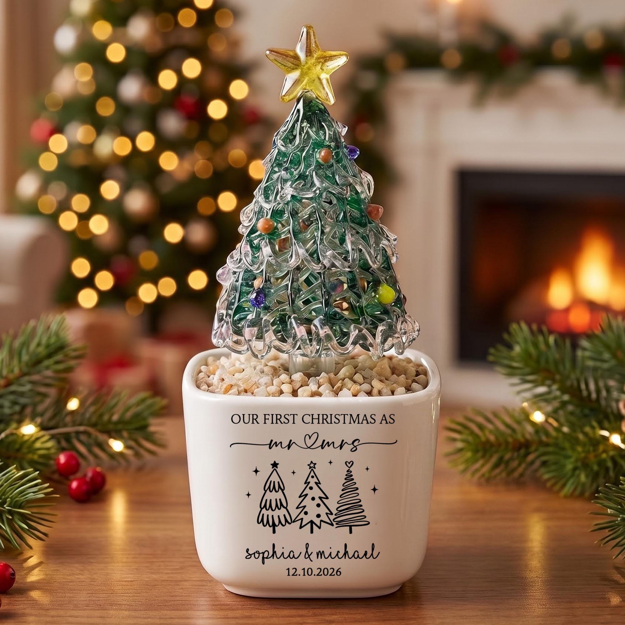 Personalized Mr Mrs Glass Christmas Tree Pot, Wedding Gift, Personalized First Christmas Keepsake, Our 1st Christmas Mr & Mrs Planter,Housewarming Gift