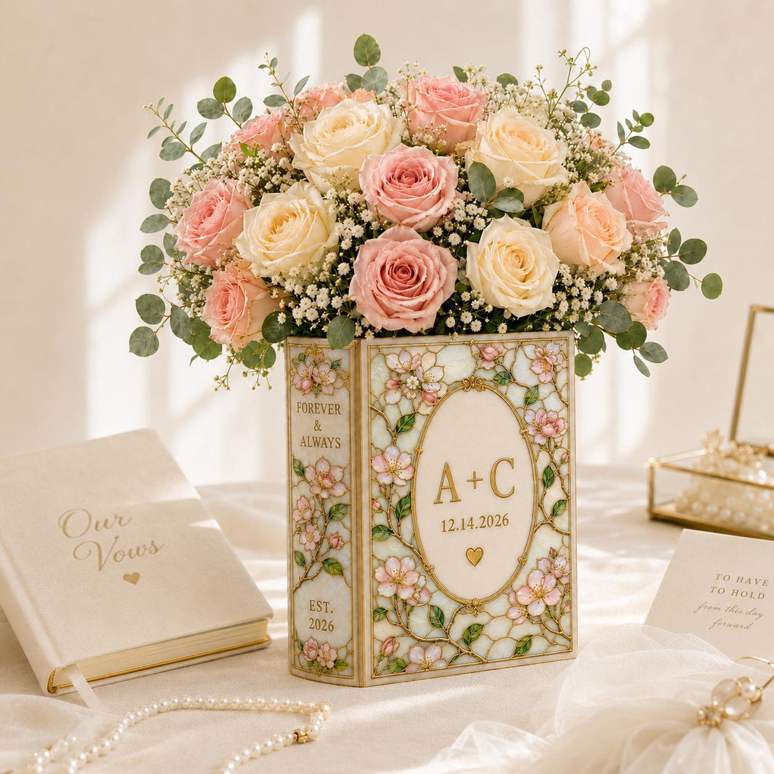 Personalized Floral Book Shaped Vase Personalized Couple Initials Vase Wedding Centerpiece Gift, Anniversary Keepsake Decor
